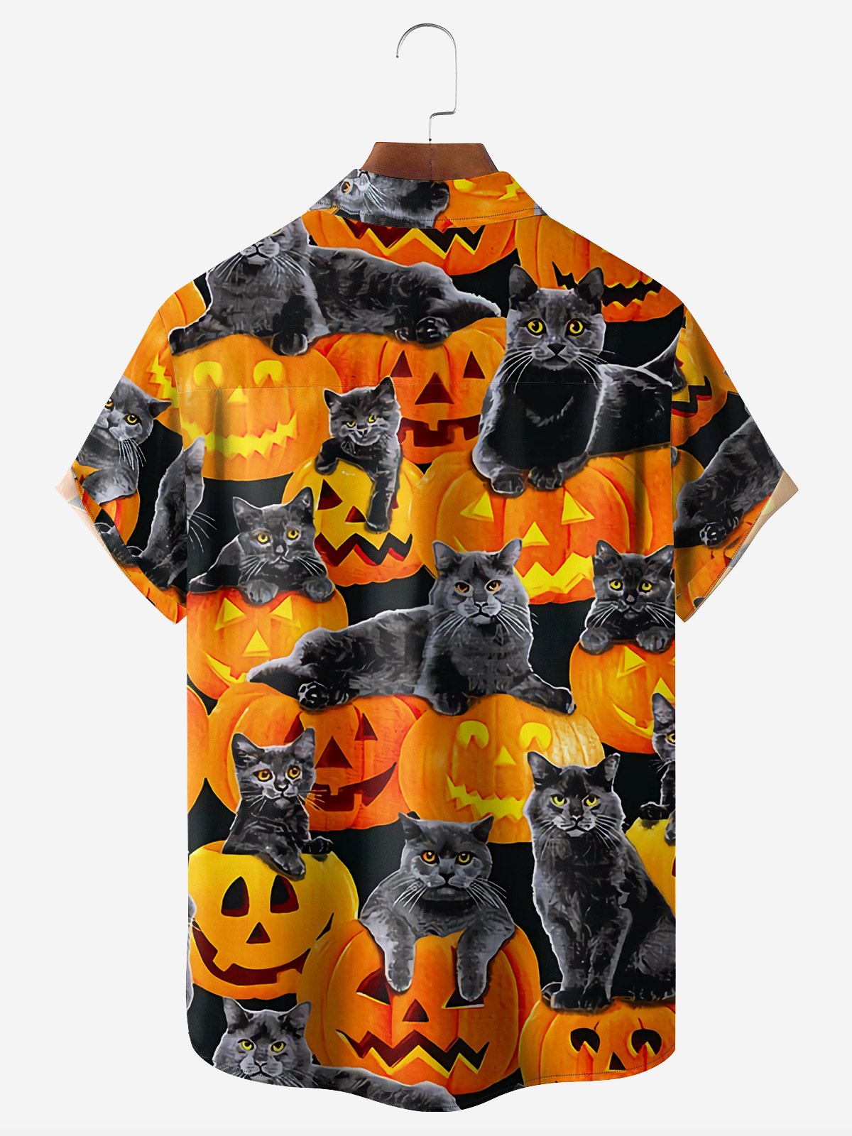 Halloween Pumpkin Cat Chest Pocket Short Sleeve Casual Shirt