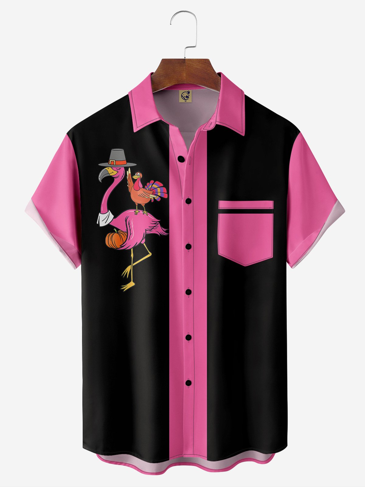 Halloween Flamingo Chest Pocket Short Sleeve Bowling Shirt