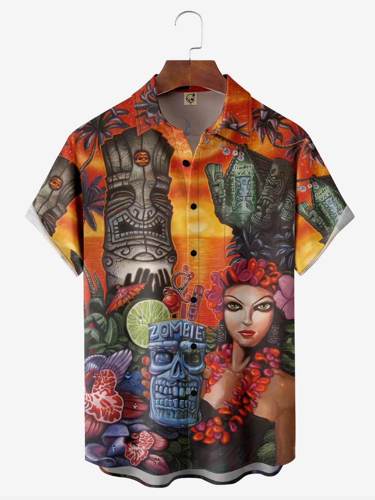 Tiki Hula Girl Chest Pocket Short Sleeve Hawaiian Shirt