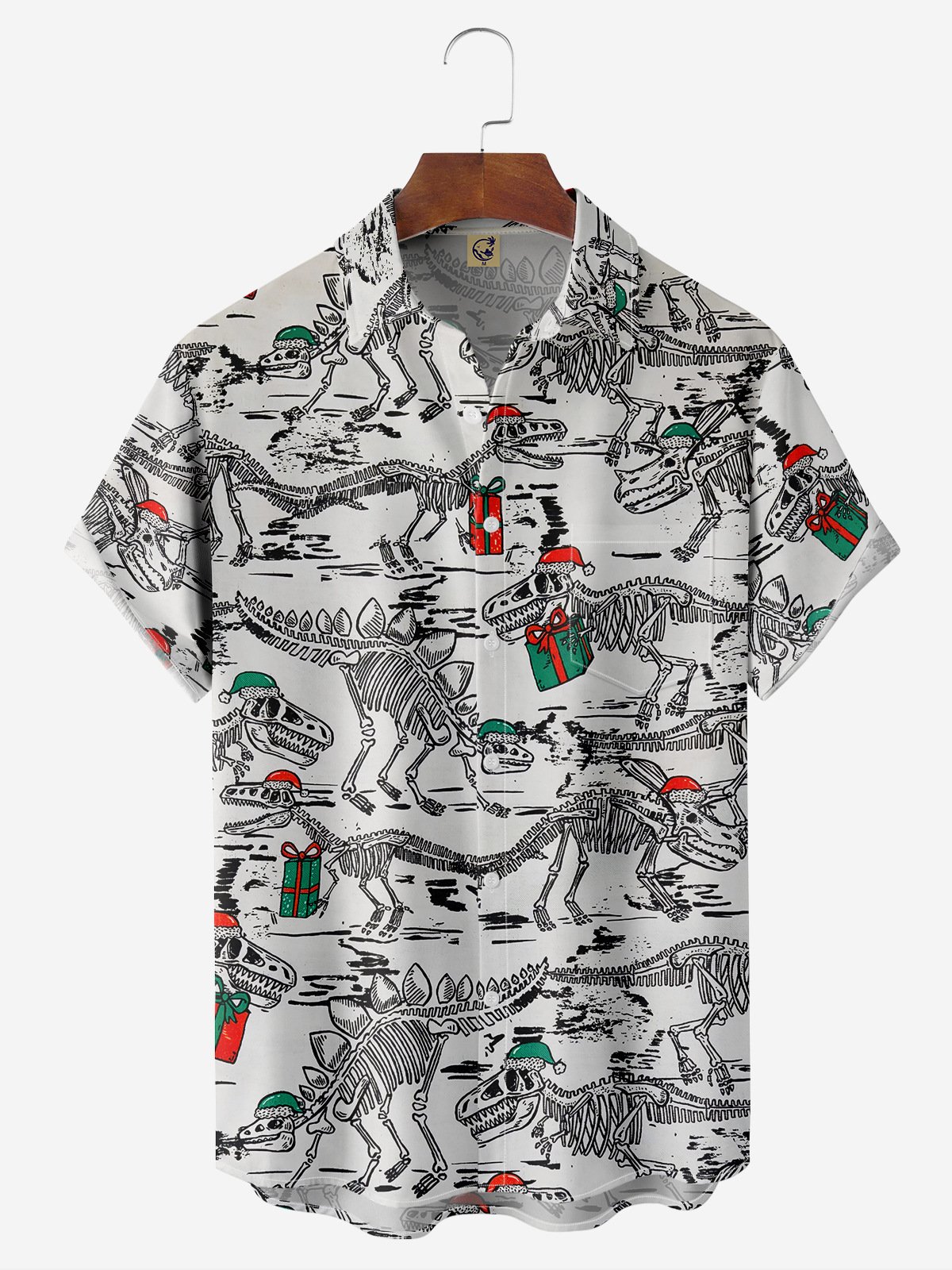 Christmas Dinosaur Chest Pocket Short Sleeve Casual Shirt