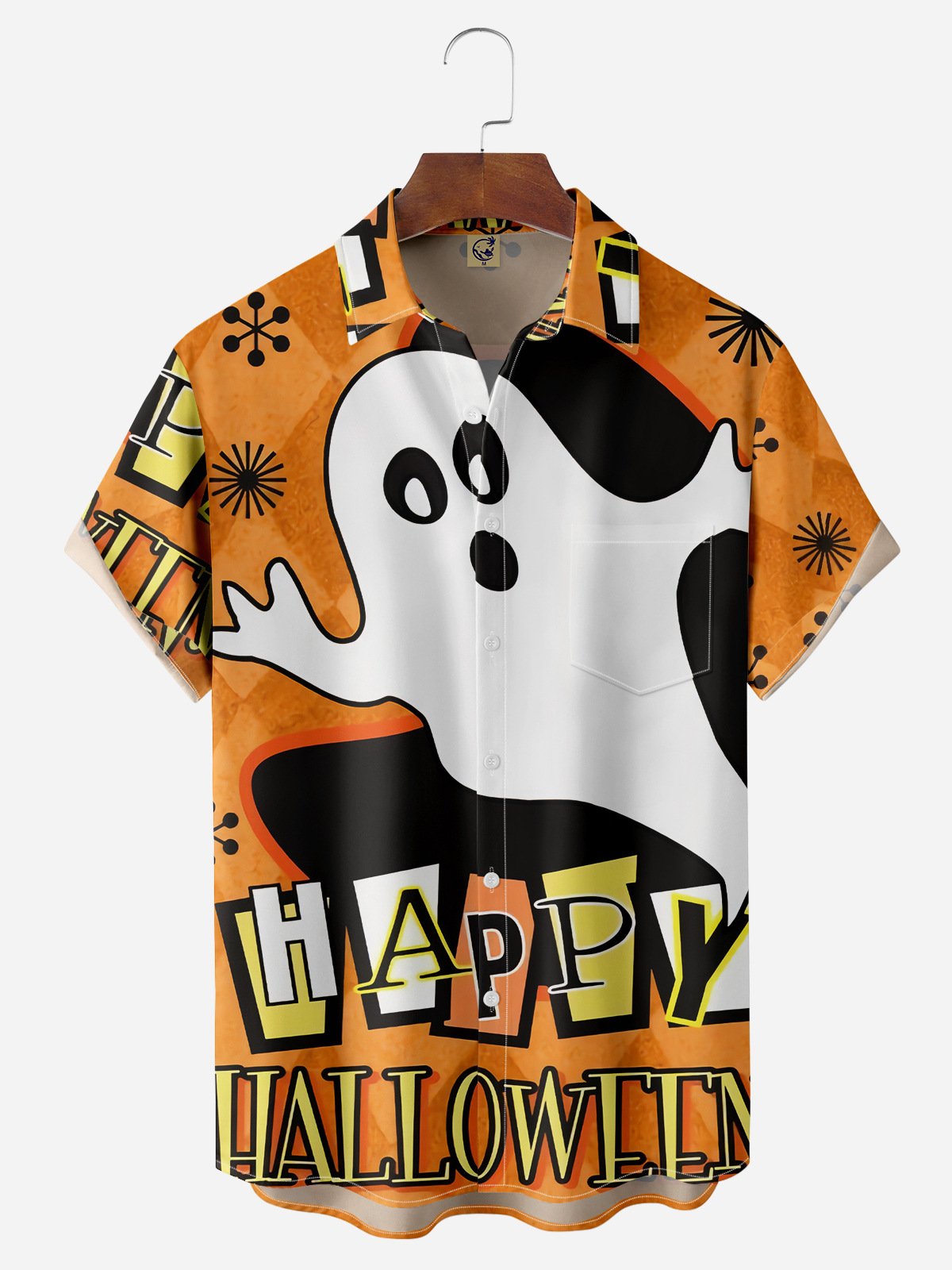 Halloween Ghost Chest Pocket Short Sleeve Casual Shirt