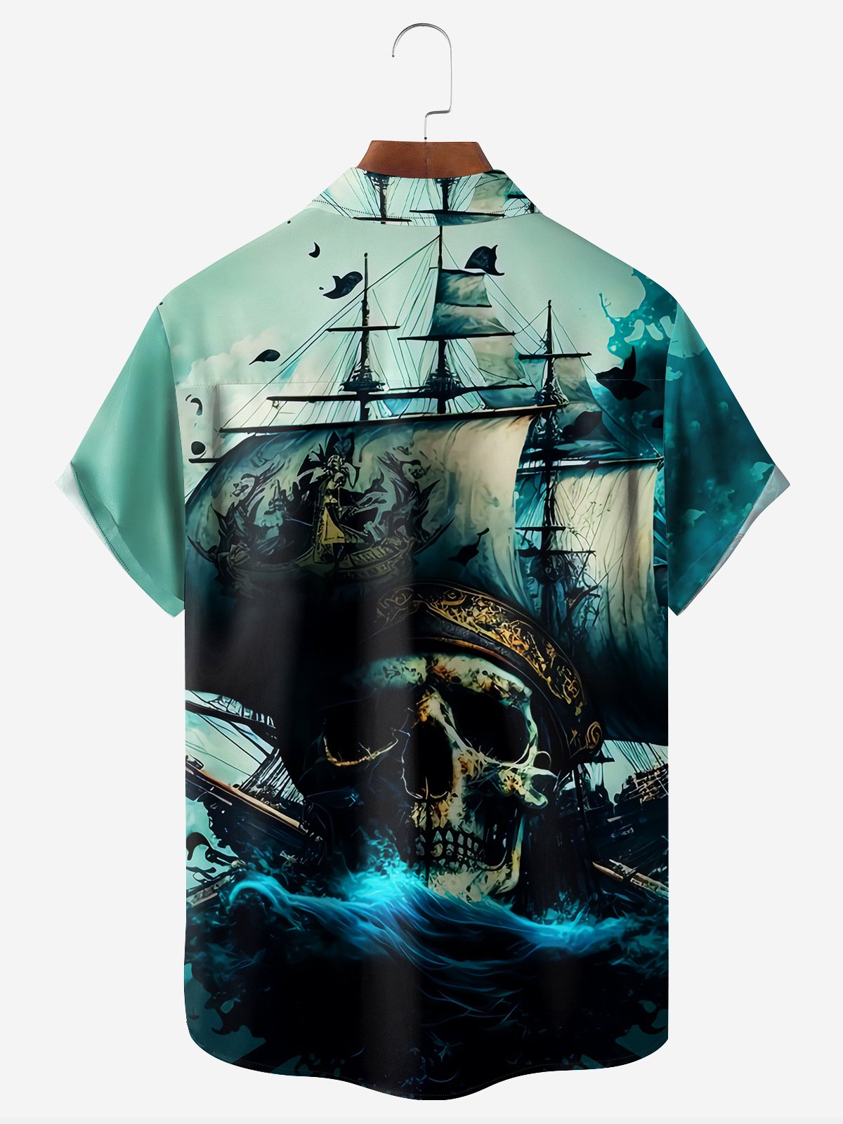 Skull Pirate Ship Chest Pocket Short Sleeve Hawaiian Shirt