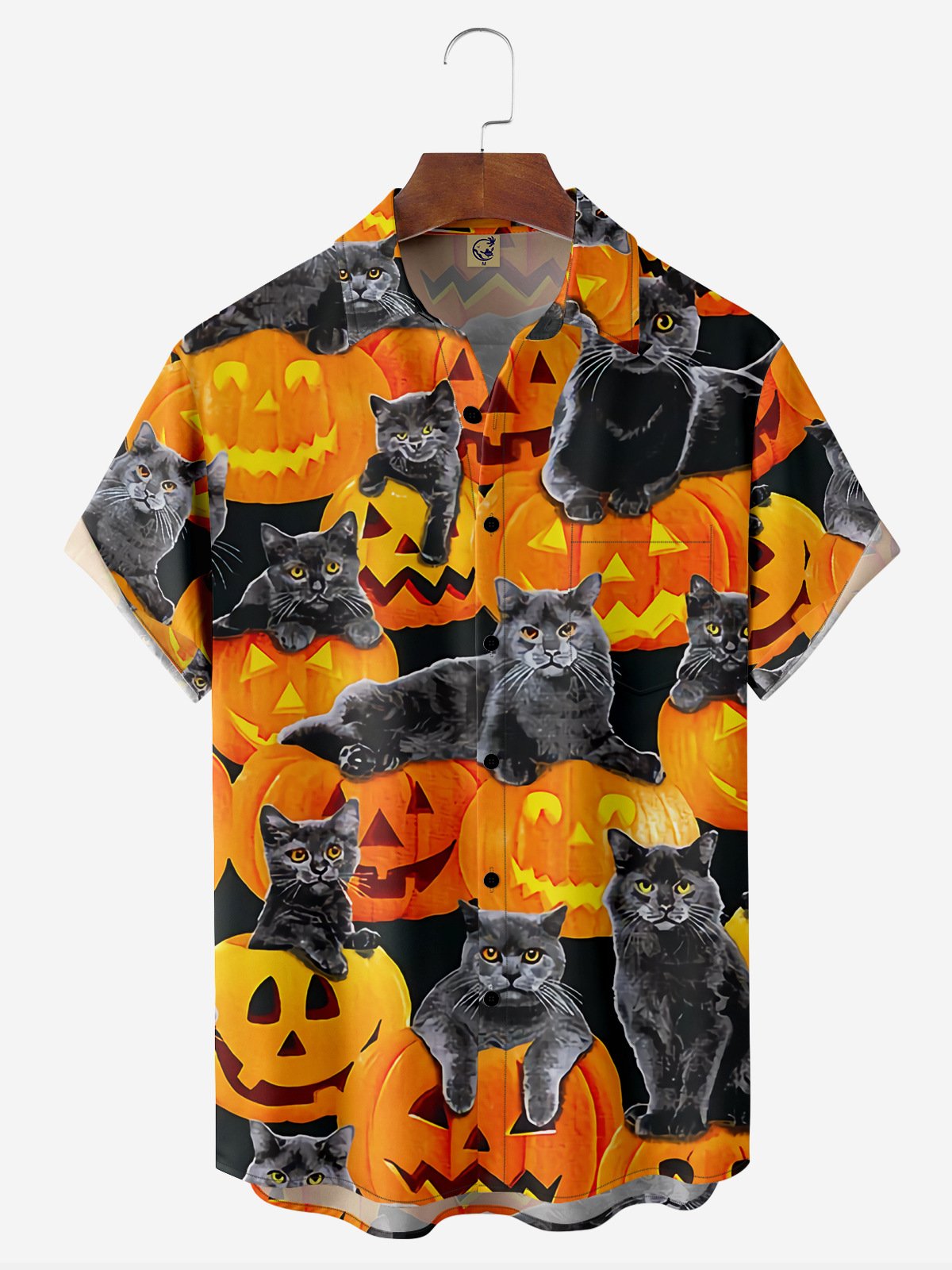 Halloween Pumpkin Cat Chest Pocket Short Sleeve Casual Shirt