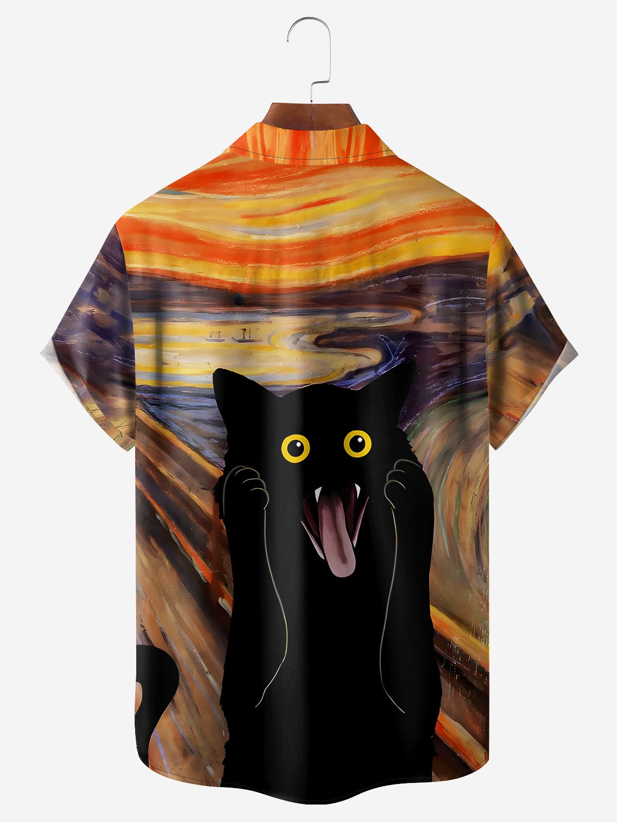 Halloween Black Cat Screams Chest Pocket Short Sleeve Casual Shirt