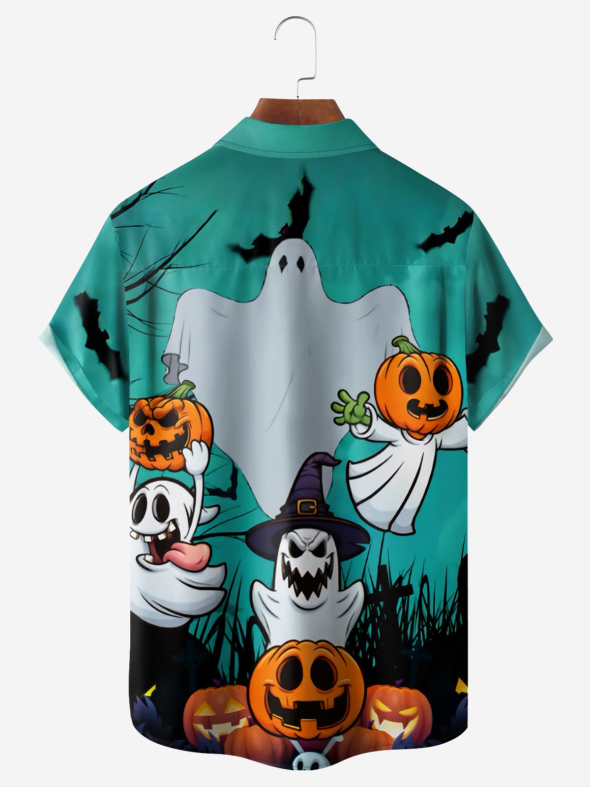 Halloween Ghost Chest Pocket Short Sleeve Casual Shirt