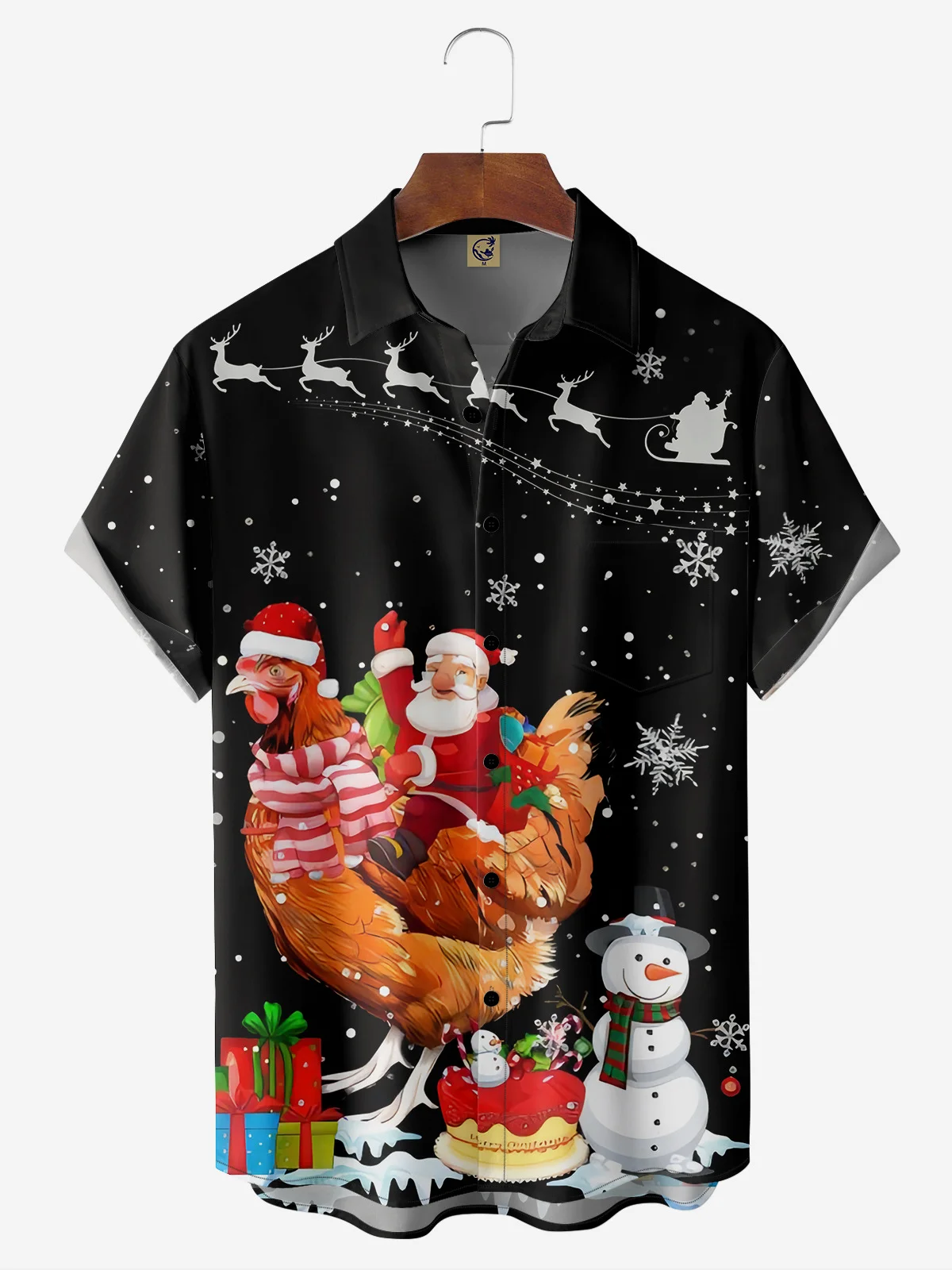 Christmas Santa Claus Chicken Chest Pocket Short Sleeve Casual Shirt