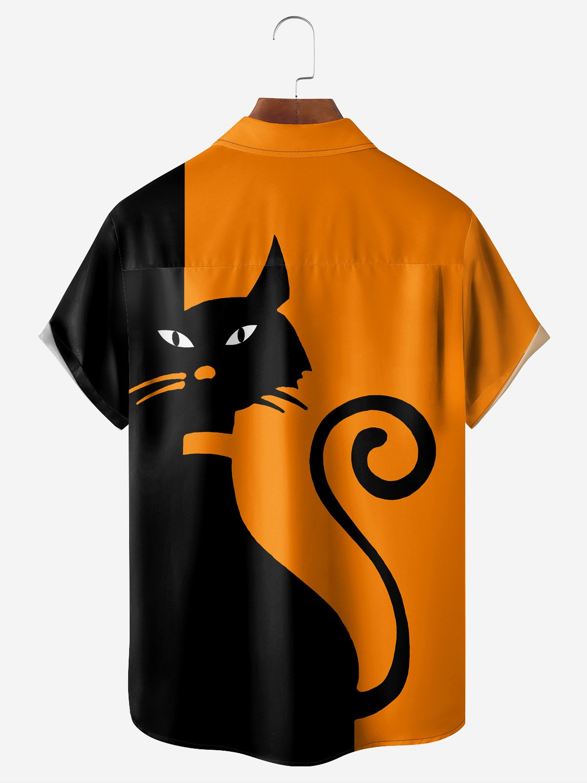 Halloween Black Cat Chest Pocket Short Sleeve Casual Shirt