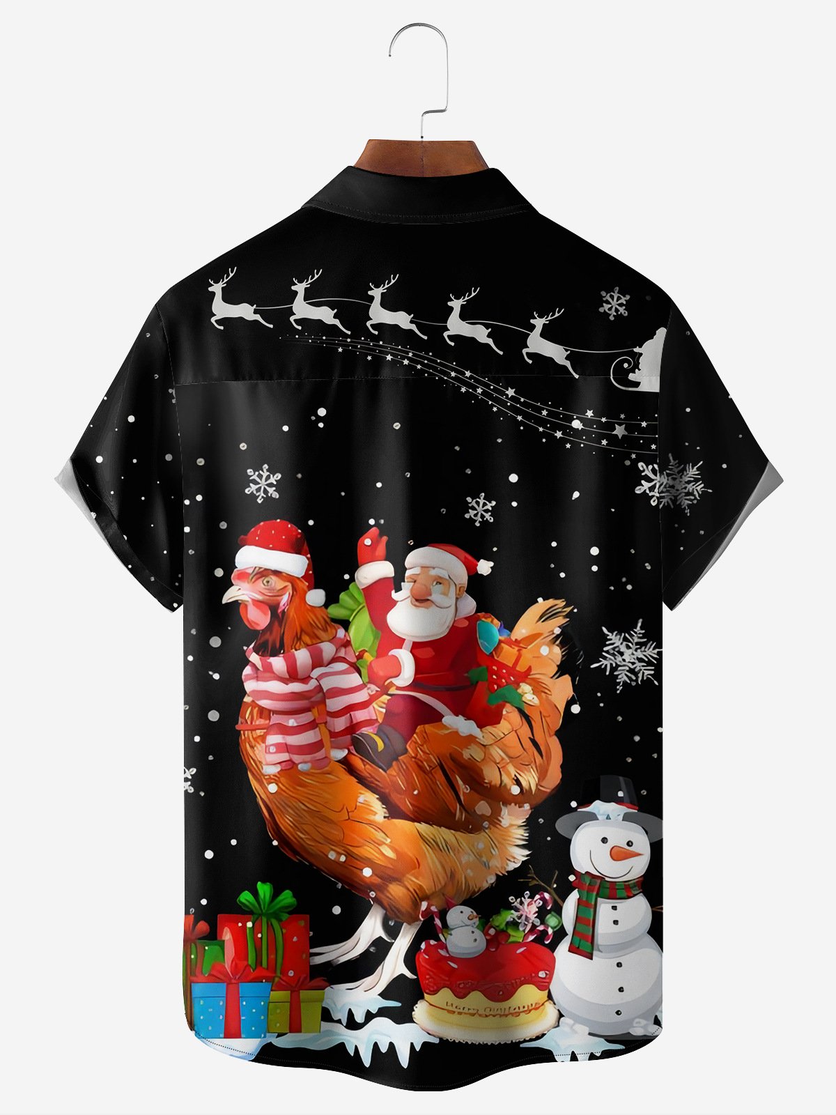 Christmas Santa Claus Chicken Chest Pocket Short Sleeve Casual Shirt