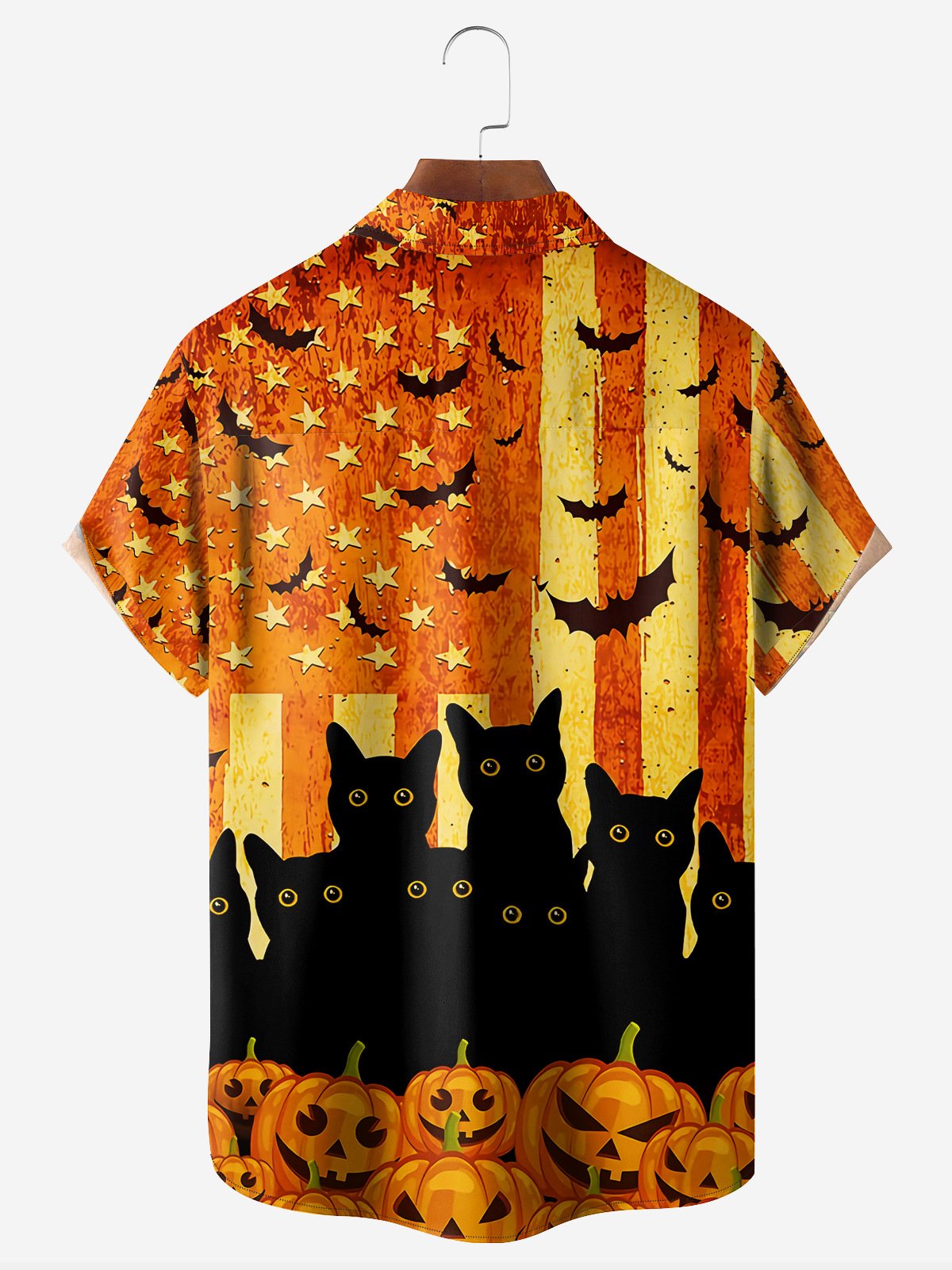 American Flag Halloween Black Cat Chest Pocket Short Sleeve Casual Shirt