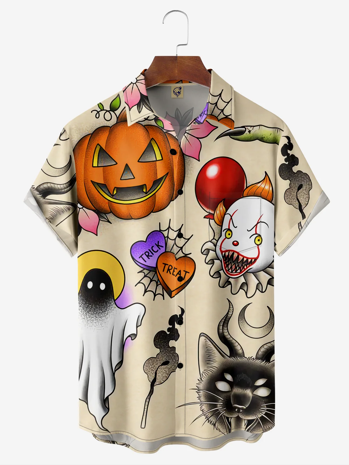 Halloween Clown Chest Pocket Short Sleeve Casual Shirt