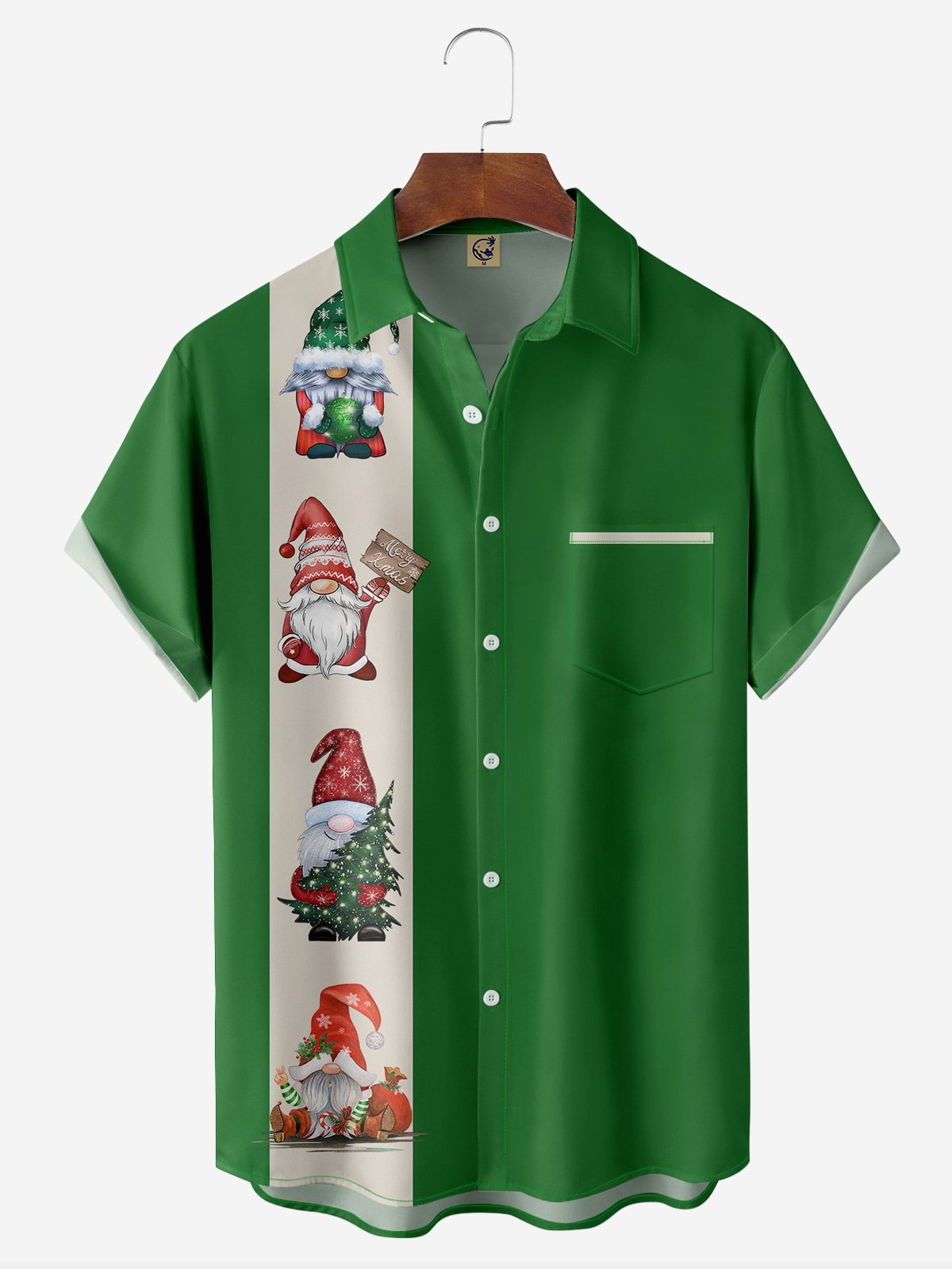 Christmas Gnome Chest Pocket Short Sleeve Bowling Shirt