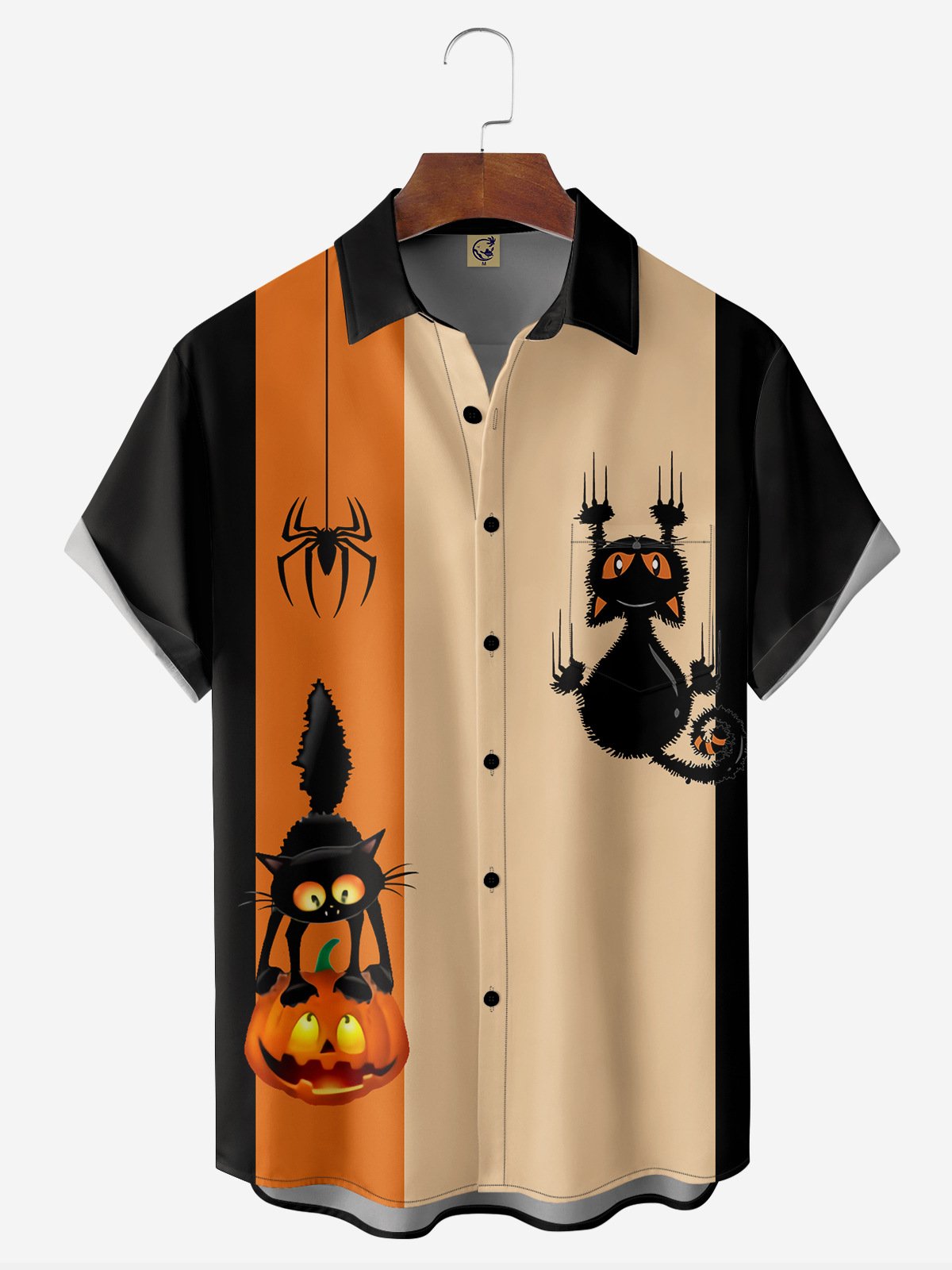 Halloween Black Cat Chest Pocket Short Sleeve Bowling Shirt