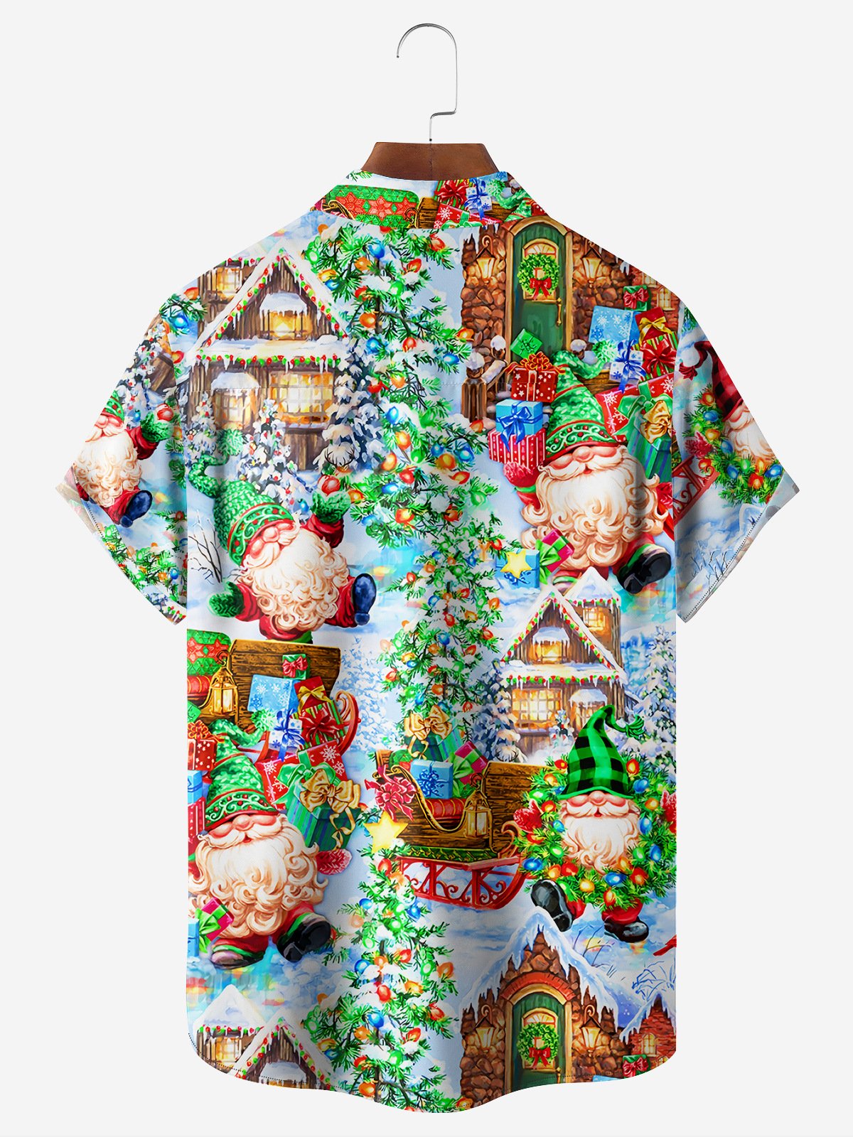 Christmas Gnomes Chest Pocket Short Sleeve Casual Shirt