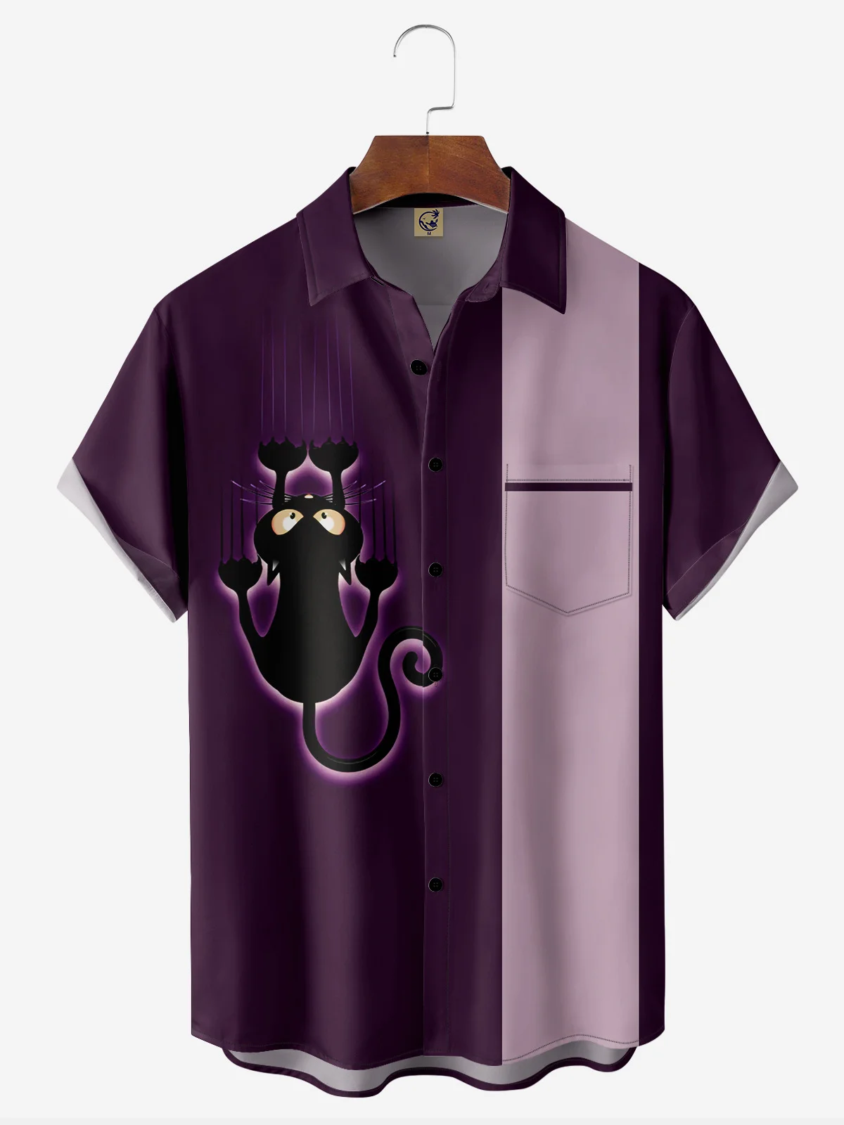 Halloween Black Cat Chest Pocket Short Sleeve Bowling Shirt