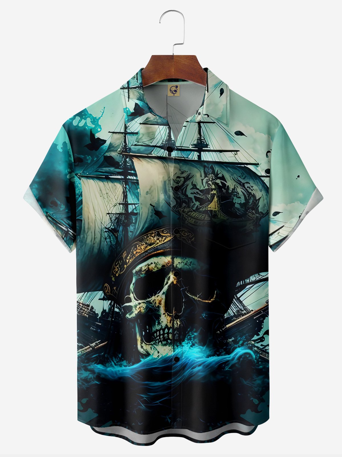 Skull Pirate Ship Chest Pocket Short Sleeve Hawaiian Shirt