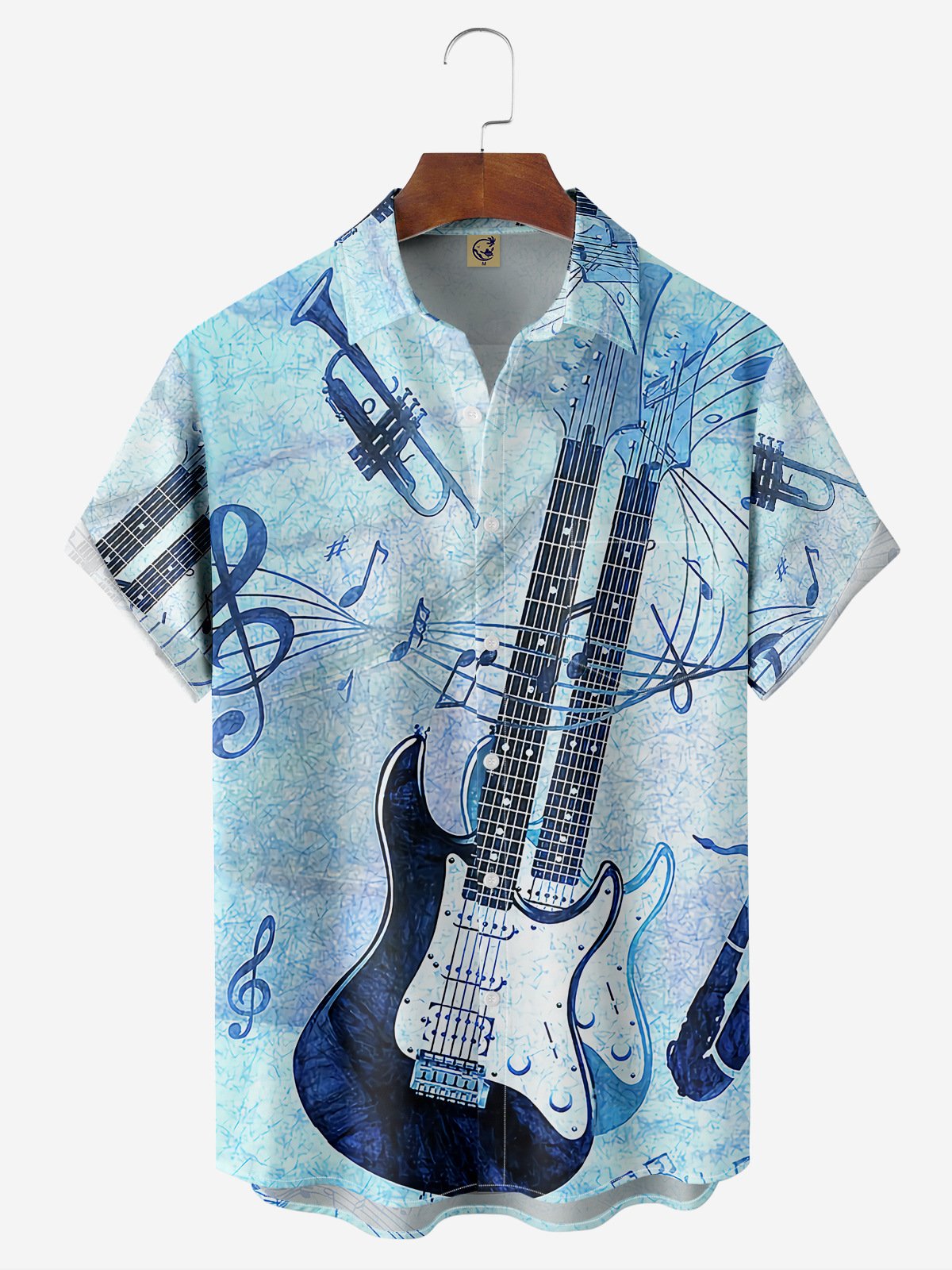 Music Guitar Chest Pocket Short Sleeve Casual Shirt
