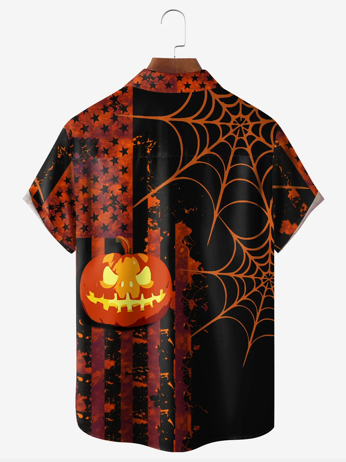 American Flag Halloween Pumpkin Chest Pocket Short Sleeve Shirt