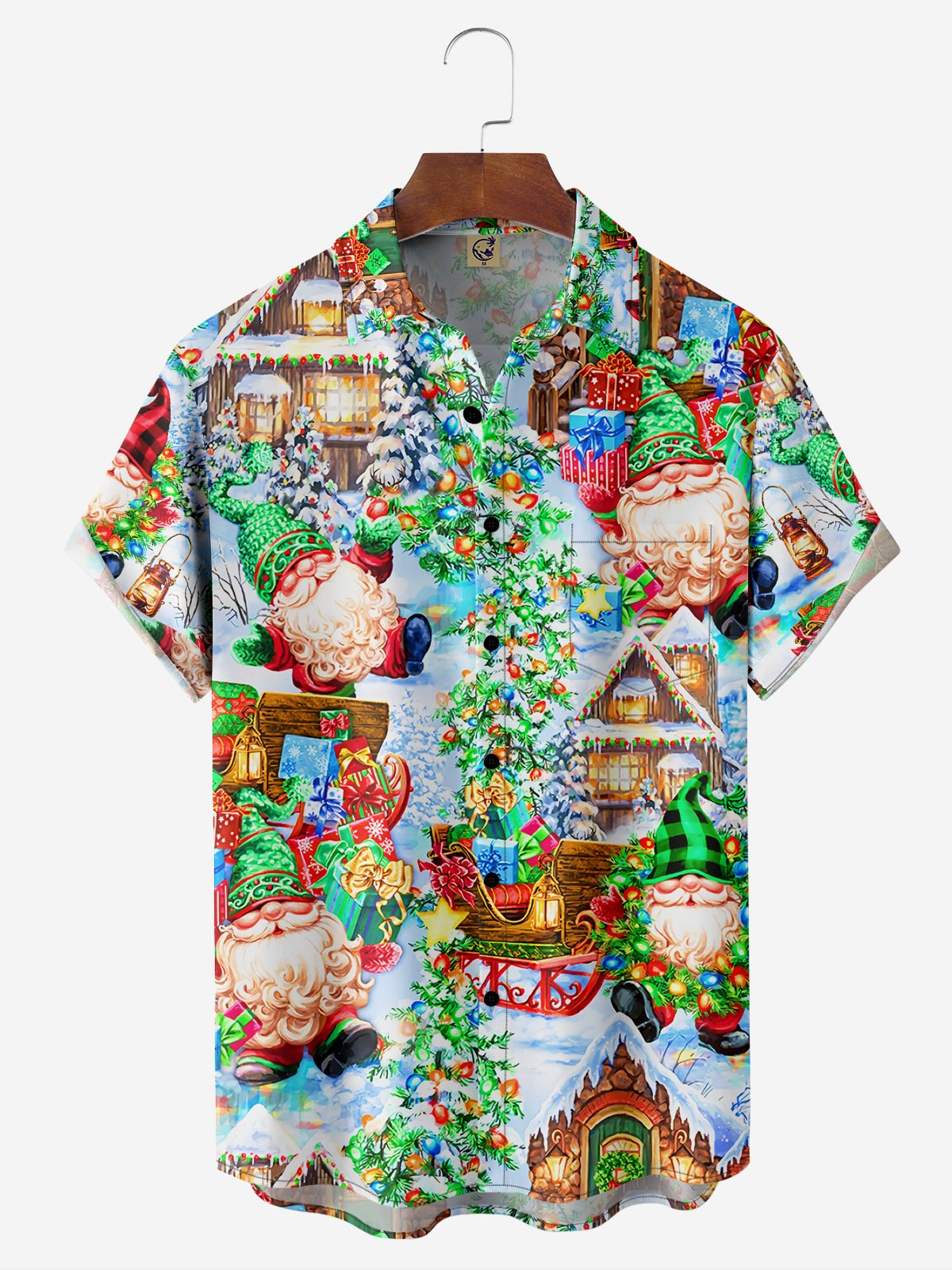 Christmas Gnomes Chest Pocket Short Sleeve Casual Shirt