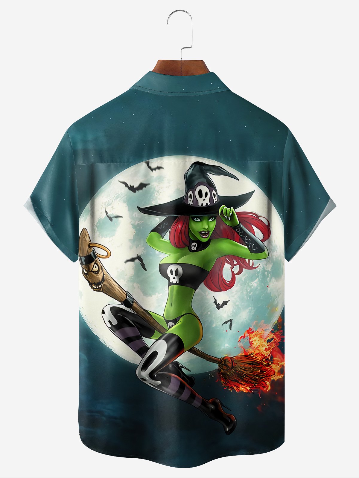 Halloween Witch Chest Pocket Short Sleeve Casual Shirt