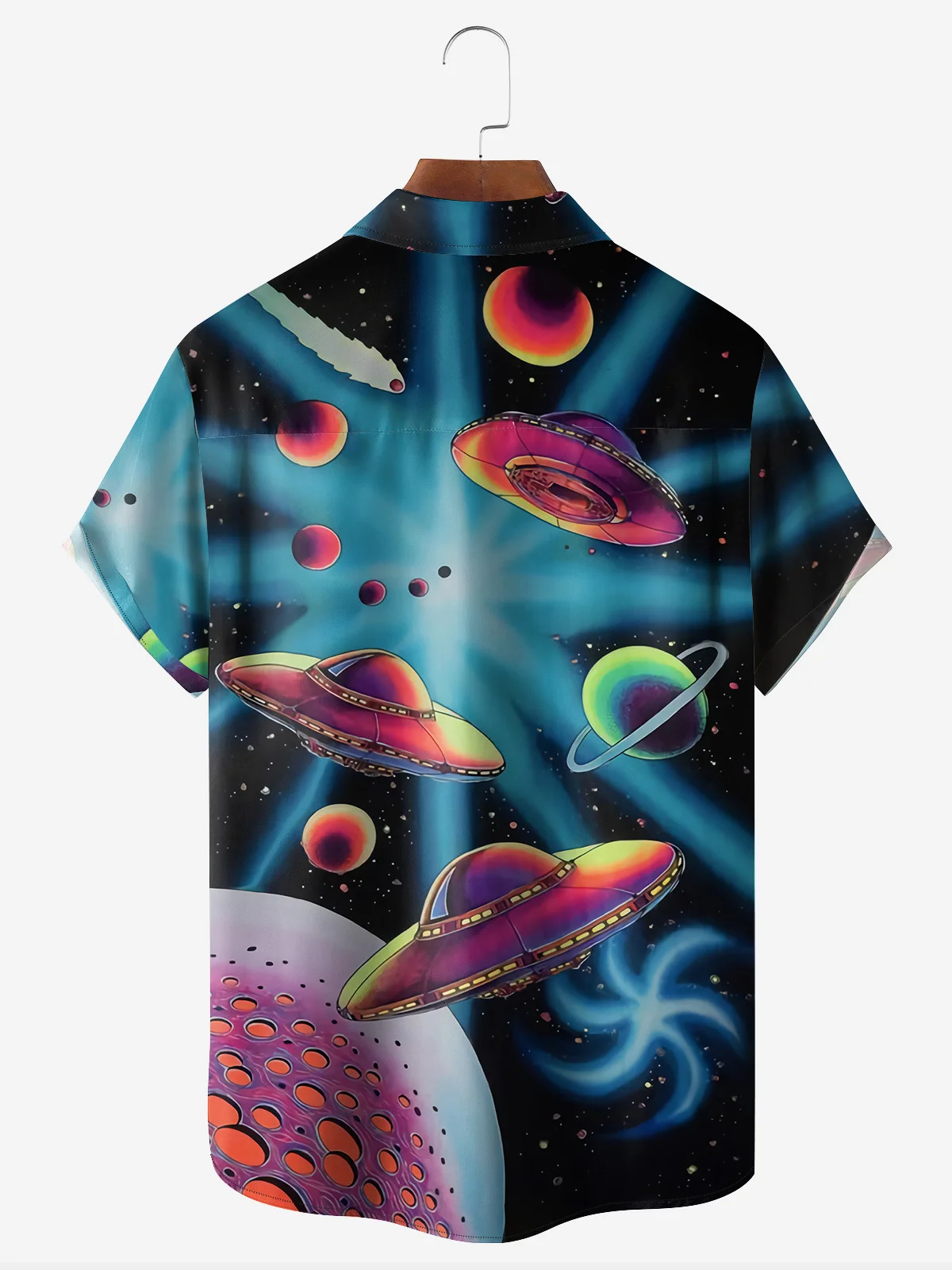 Tech Space Spaceship Chest Pocket Short Sleeve Vacation Shirt