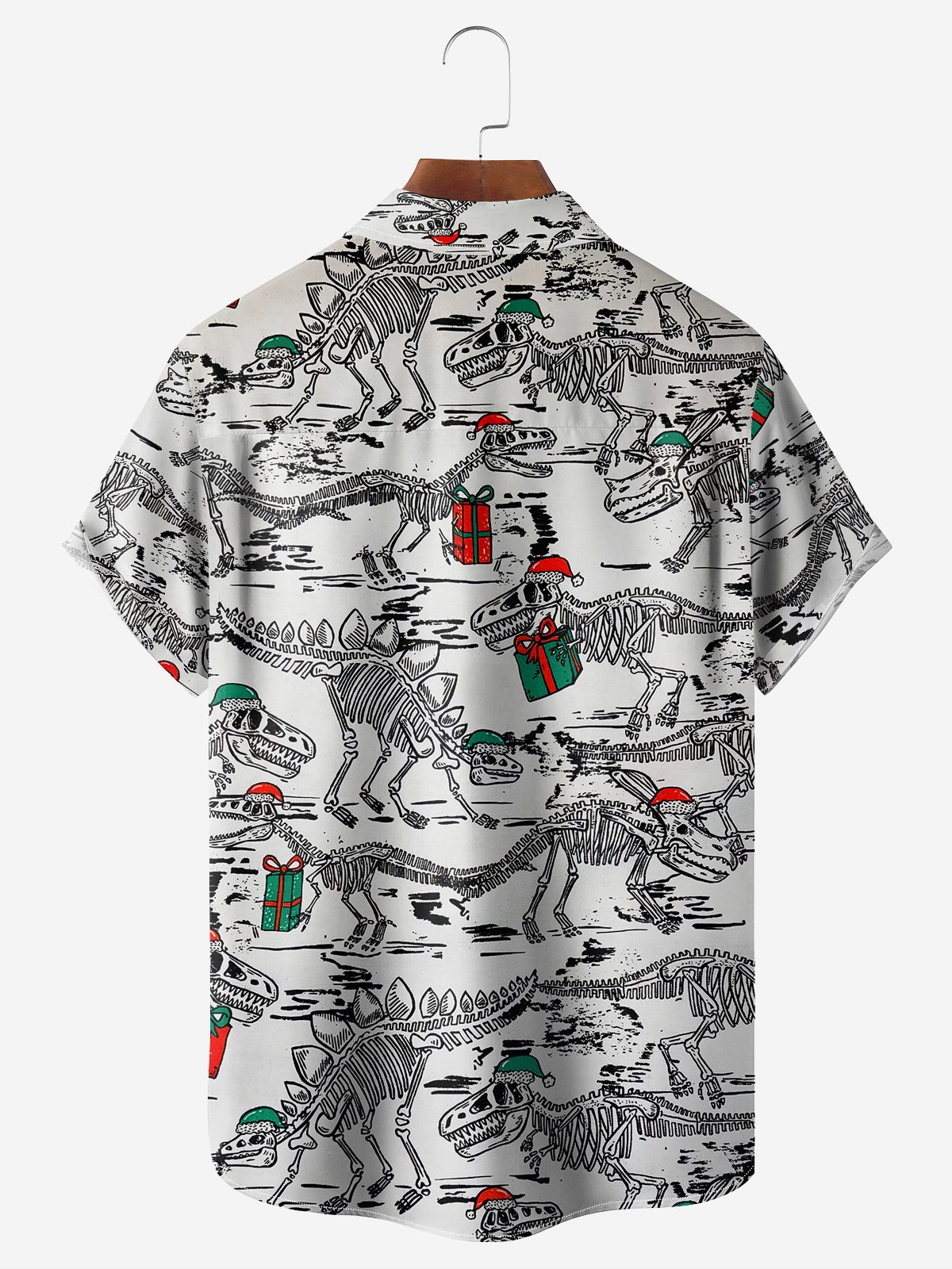 Christmas Dinosaur Chest Pocket Short Sleeve Casual Shirt