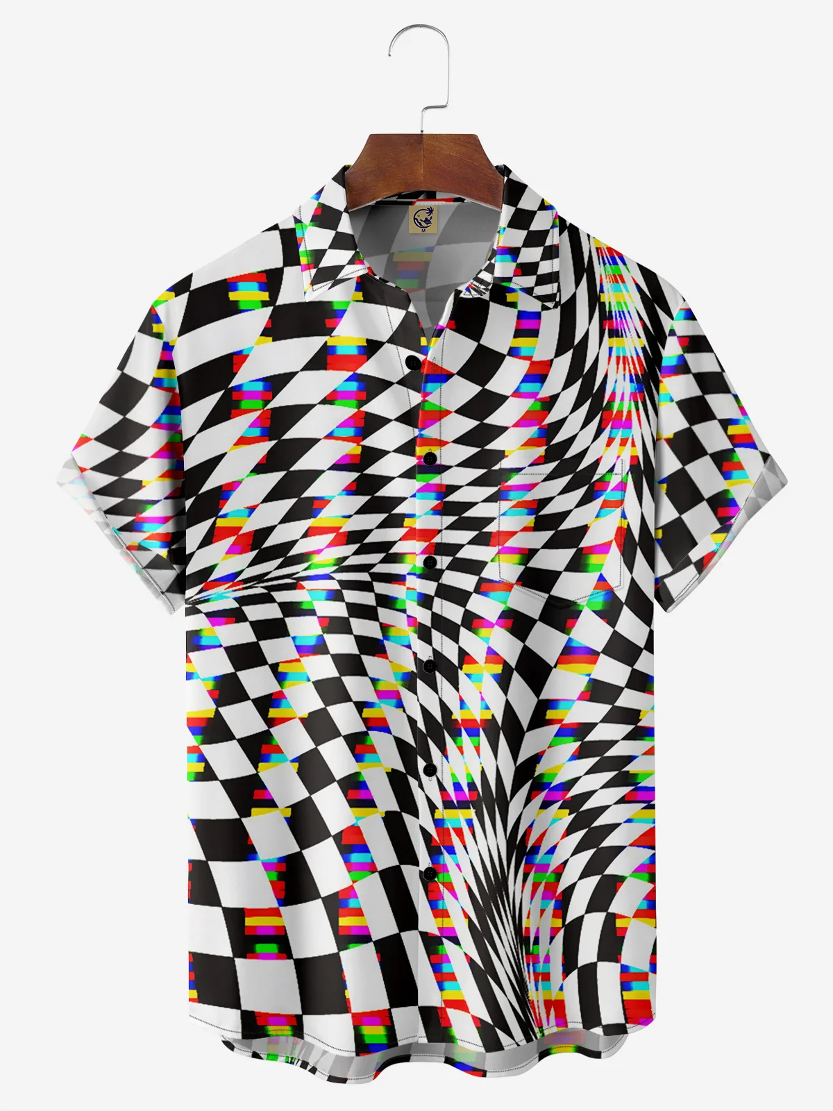 Checkerboard Geometric Chest Pocket Short Sleeve Casual Shirt