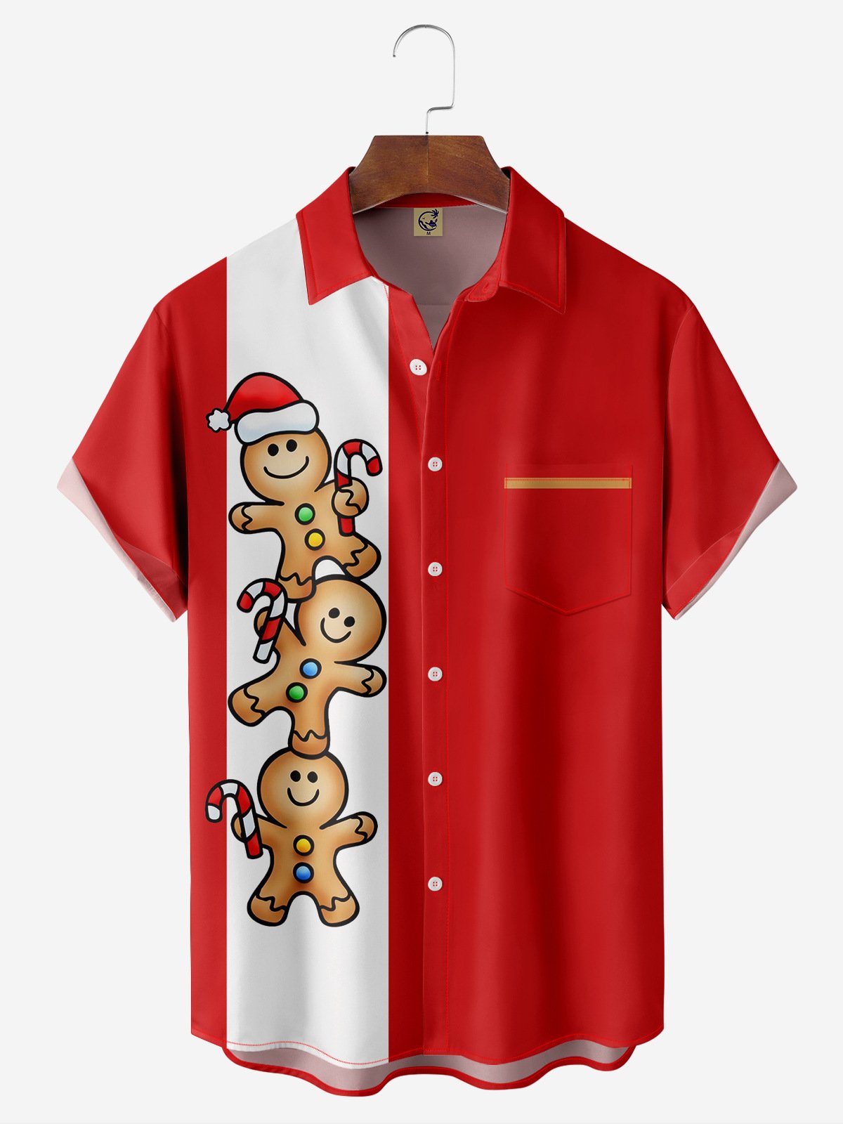 Christmas Gingerbread Man Chest Pocket Short Sleeve Bowling Shirt