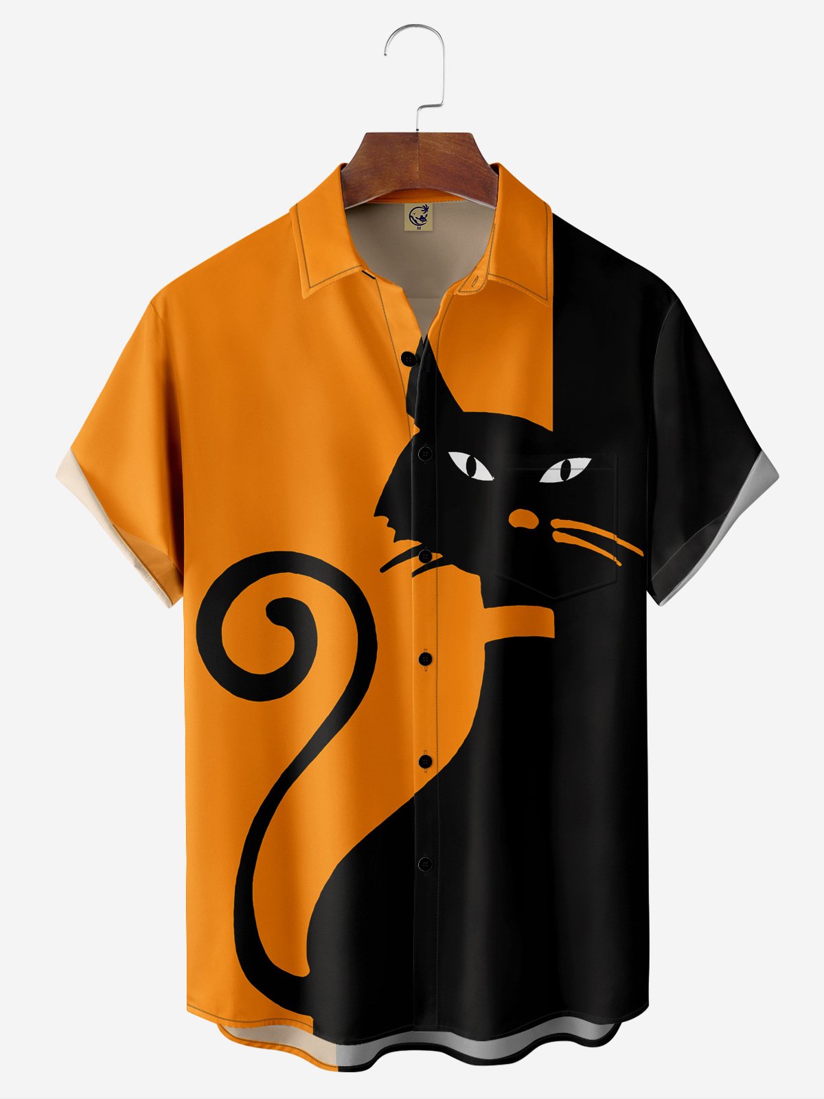 Halloween Black Cat Chest Pocket Short Sleeve Casual Shirt