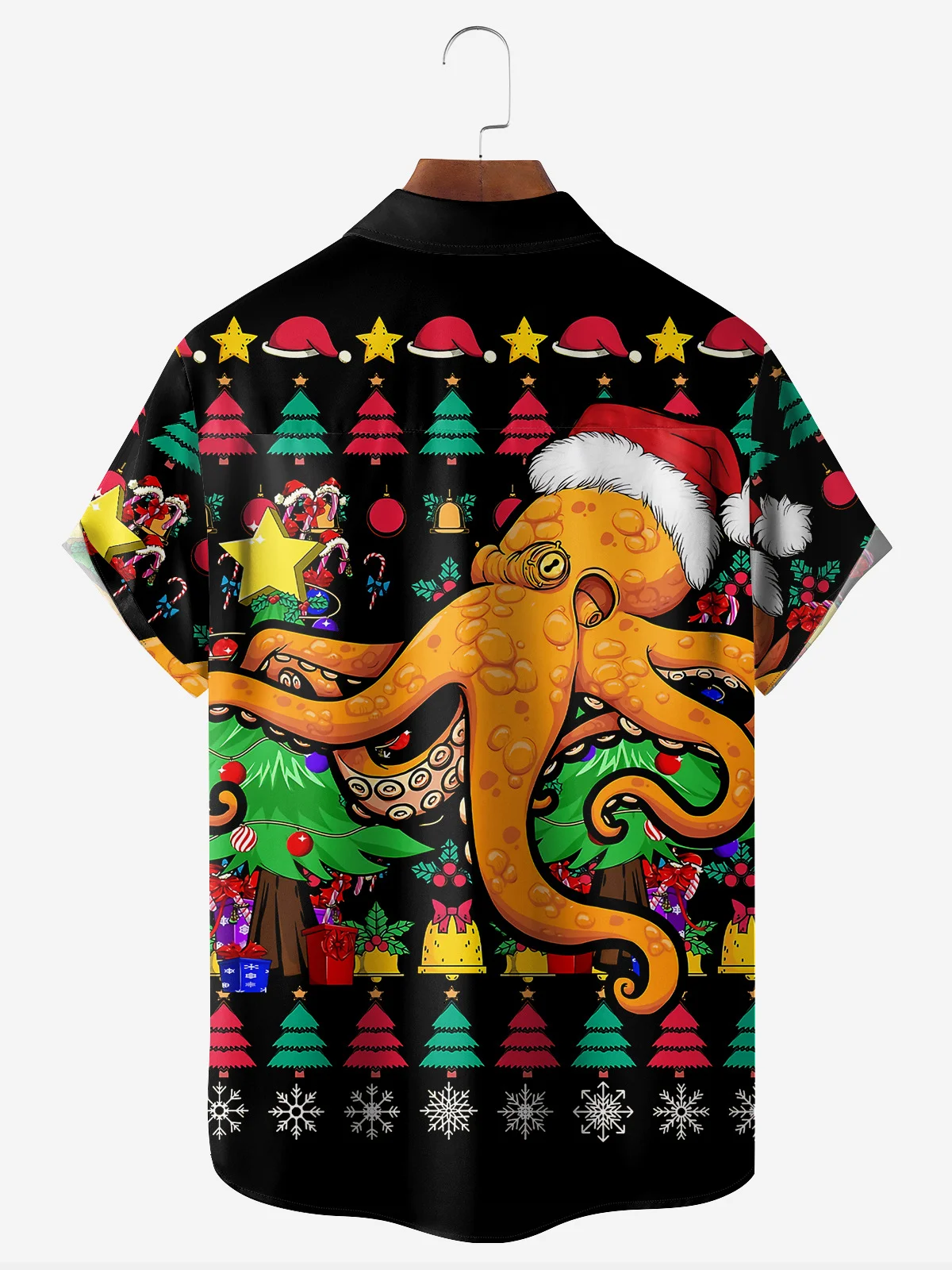 Christmas Octopus Chest Pocket Short Sleeve Ugly Shirt