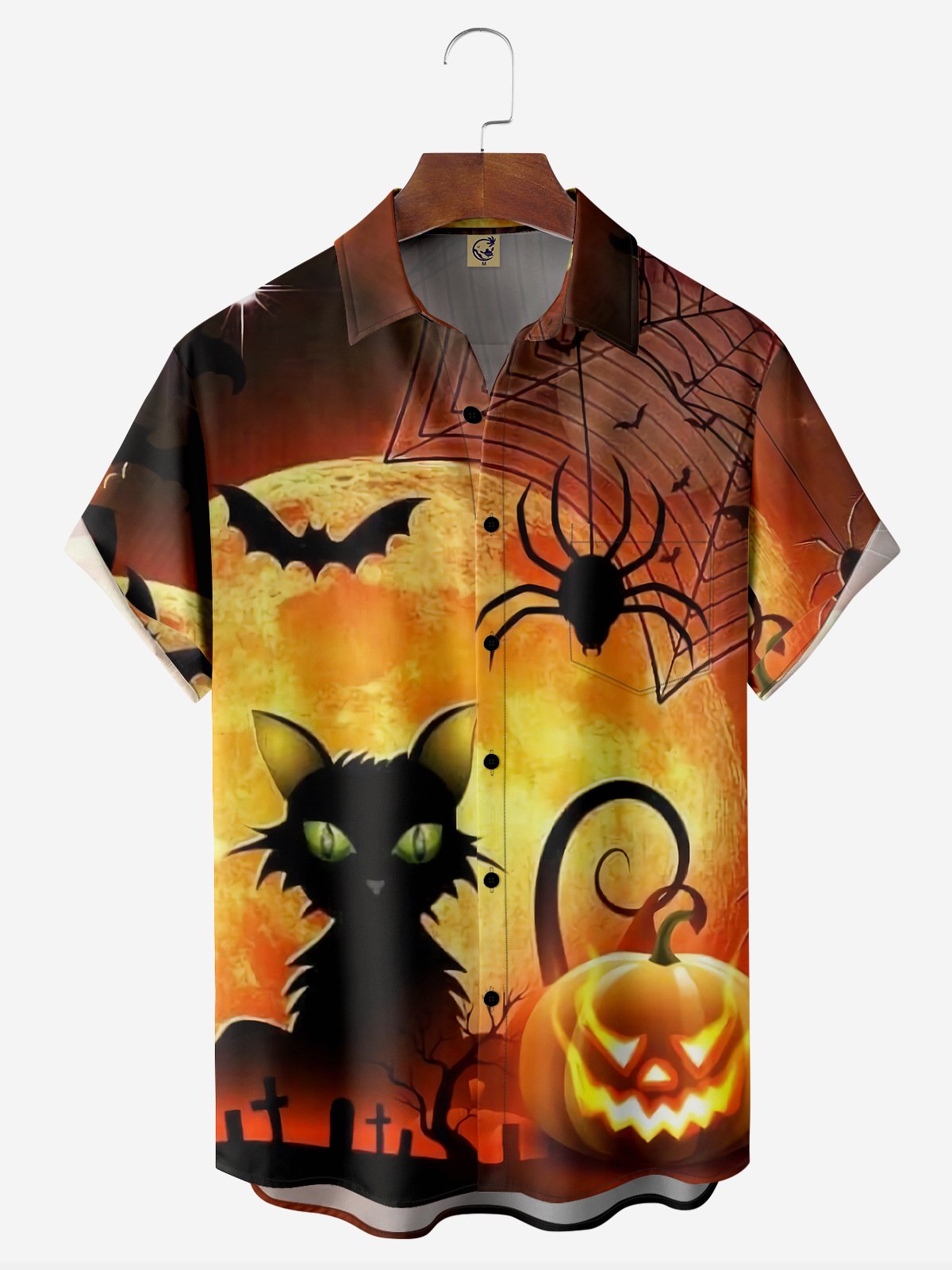 Halloween Cat Spider Pumpkin Chest Pocket Short Sleeve Shirt