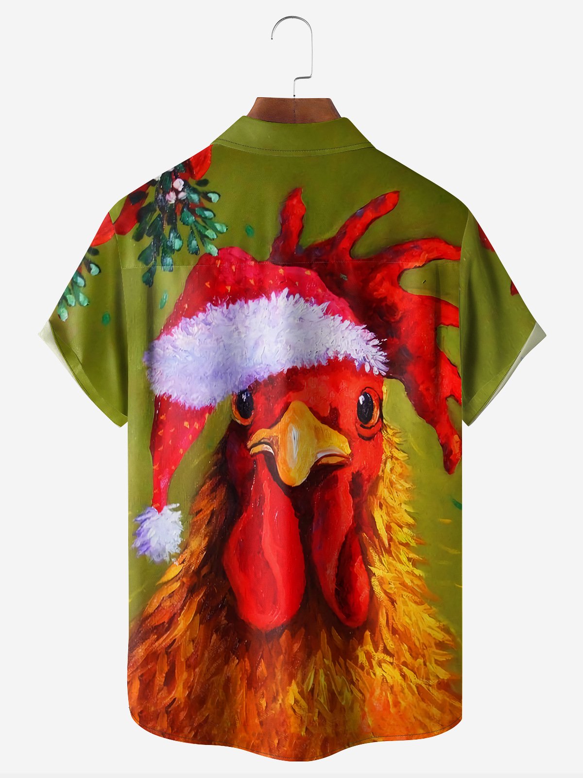 Christmas Rooster Chest Pocket Short Sleeve Casual Shirt