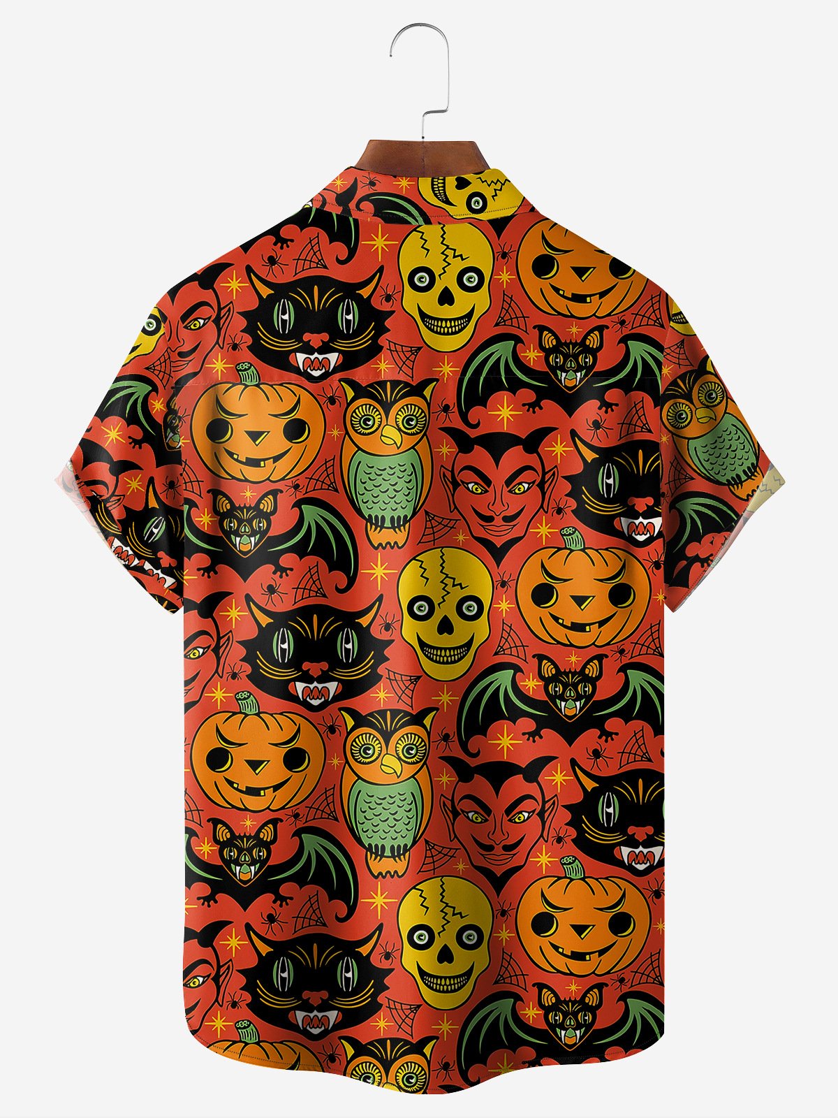 Halloween Pumpkin Cat Chest Pocket Short Sleeve Shirt