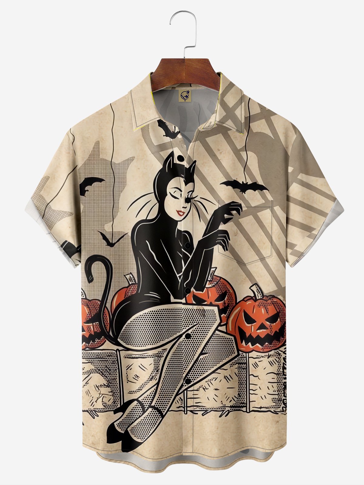 Halloween Pumpkin Cat Chest Pocket Short Sleeve Shirt