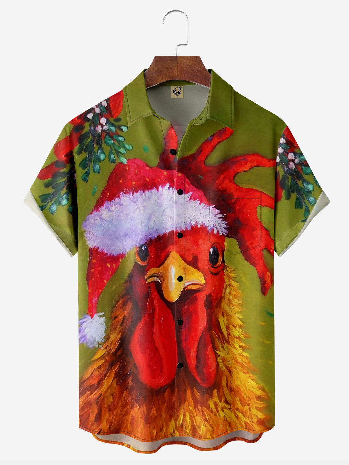 Christmas Rooster Chest Pocket Short Sleeve Casual Shirt