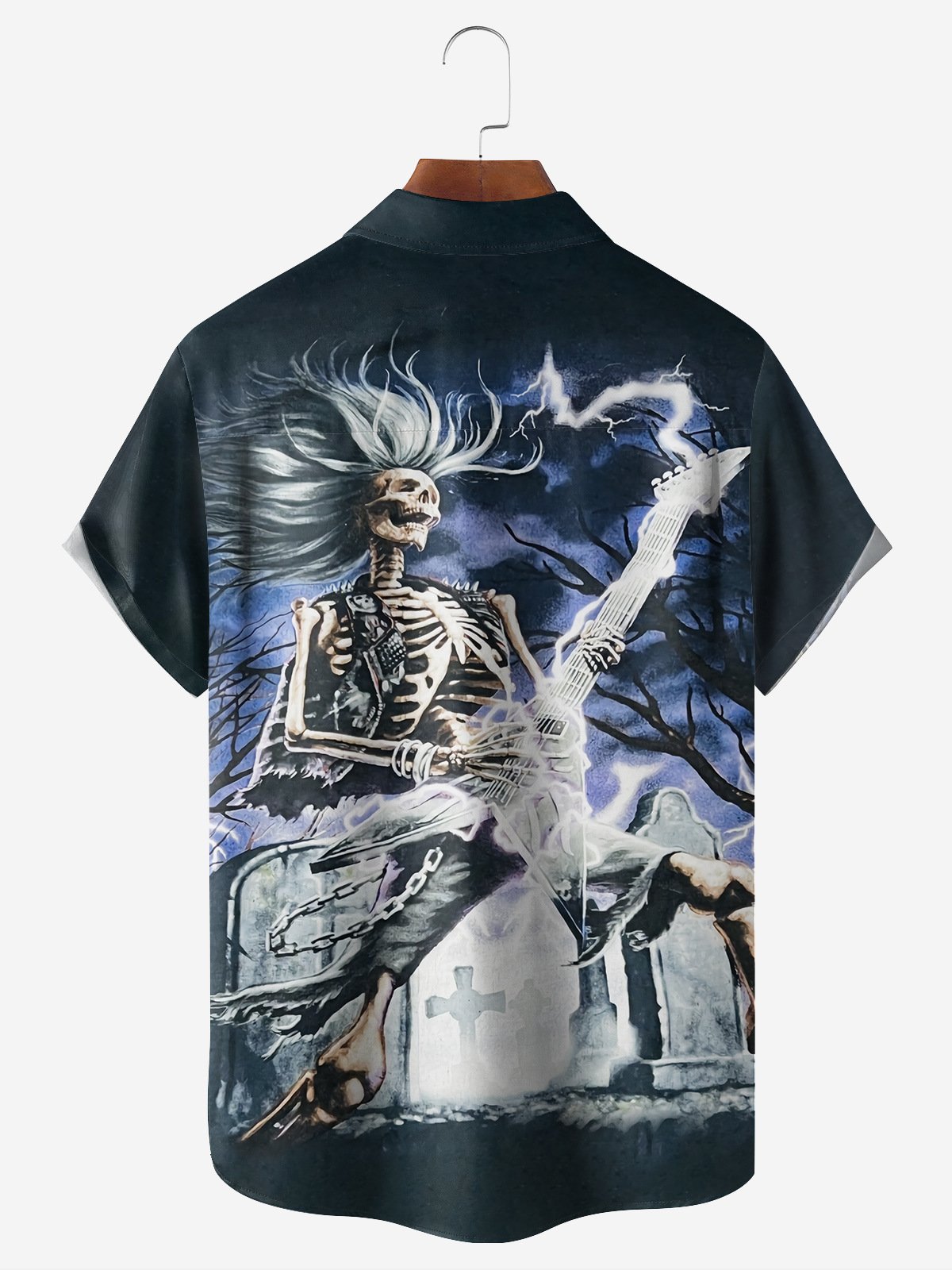 Music Halloween Skull Chest Pocket Short Sleeve Shirt