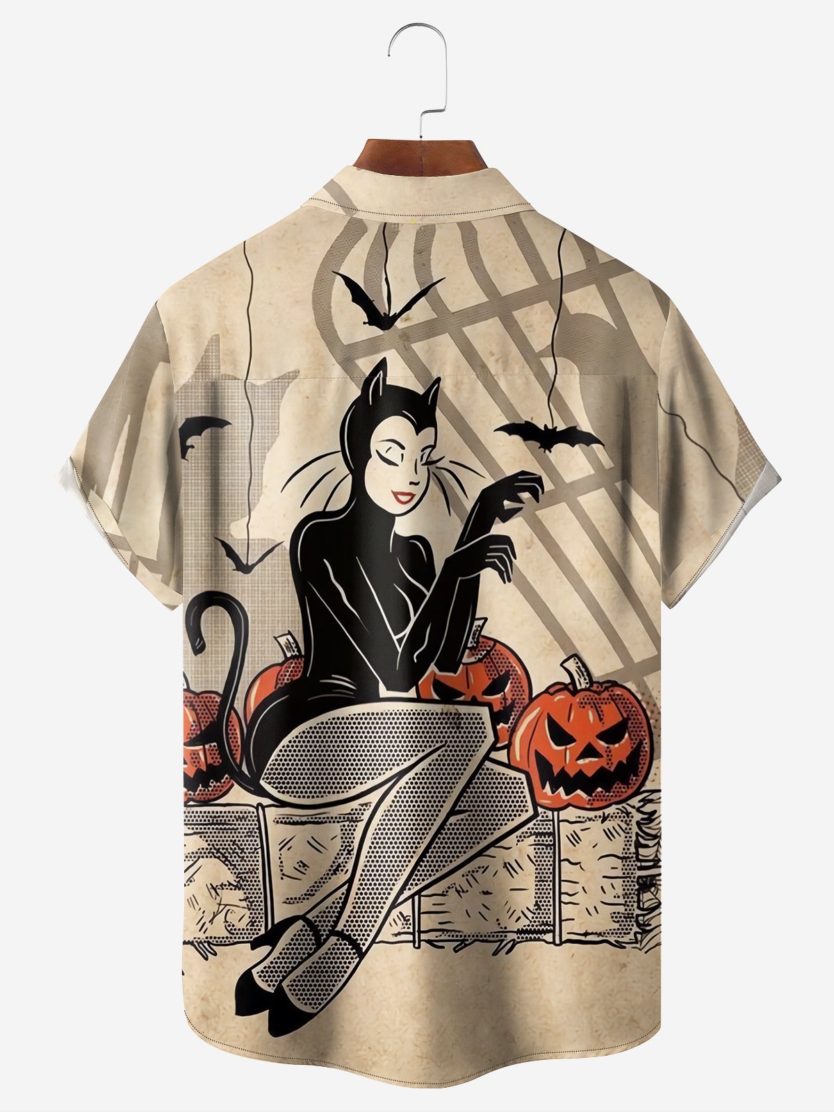 Halloween Pumpkin Cat Chest Pocket Short Sleeve Shirt