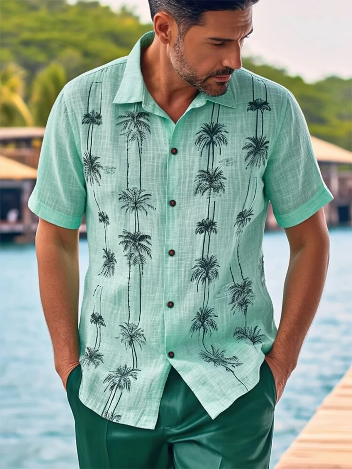 Coconut Tree Print Short Sleeve Resort Shirt