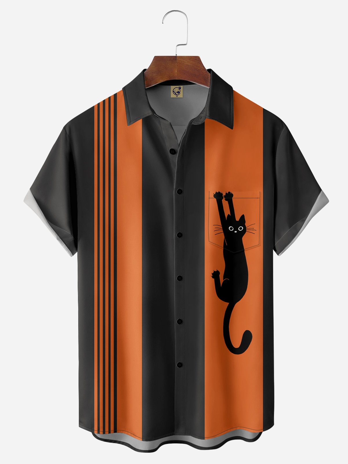 Halloween Cat Chest Pocket Short Sleeve Bowling Shirt