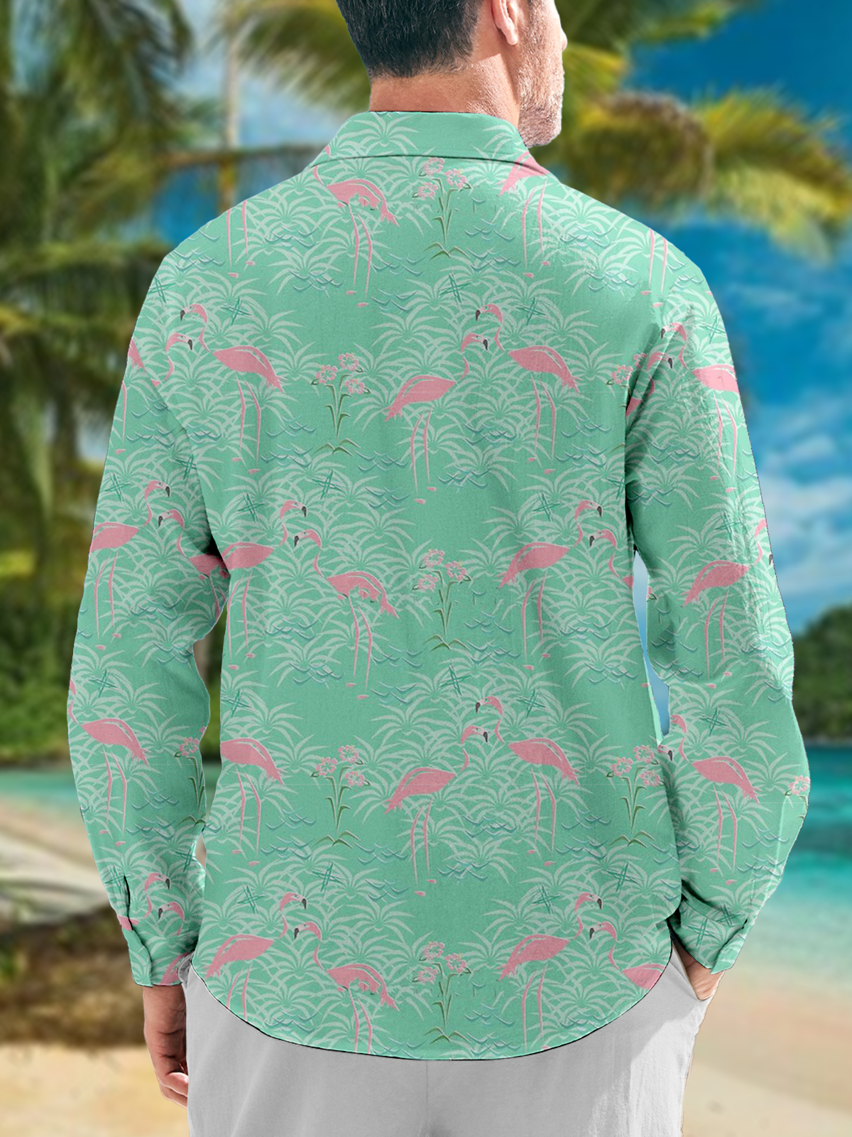 Coconut Tree Flamingo Chest Pocket Long Sleeve Shirt