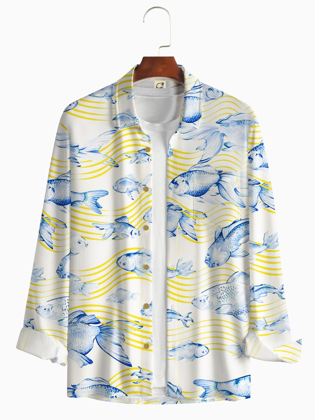 Japanese KOI Chest Pocket Long Sleeve Vacation Shirt