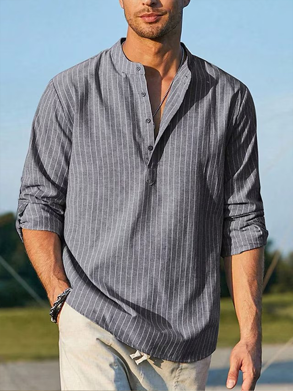 Striped Long Sleeve Casual Henley Shirt | hardaddy