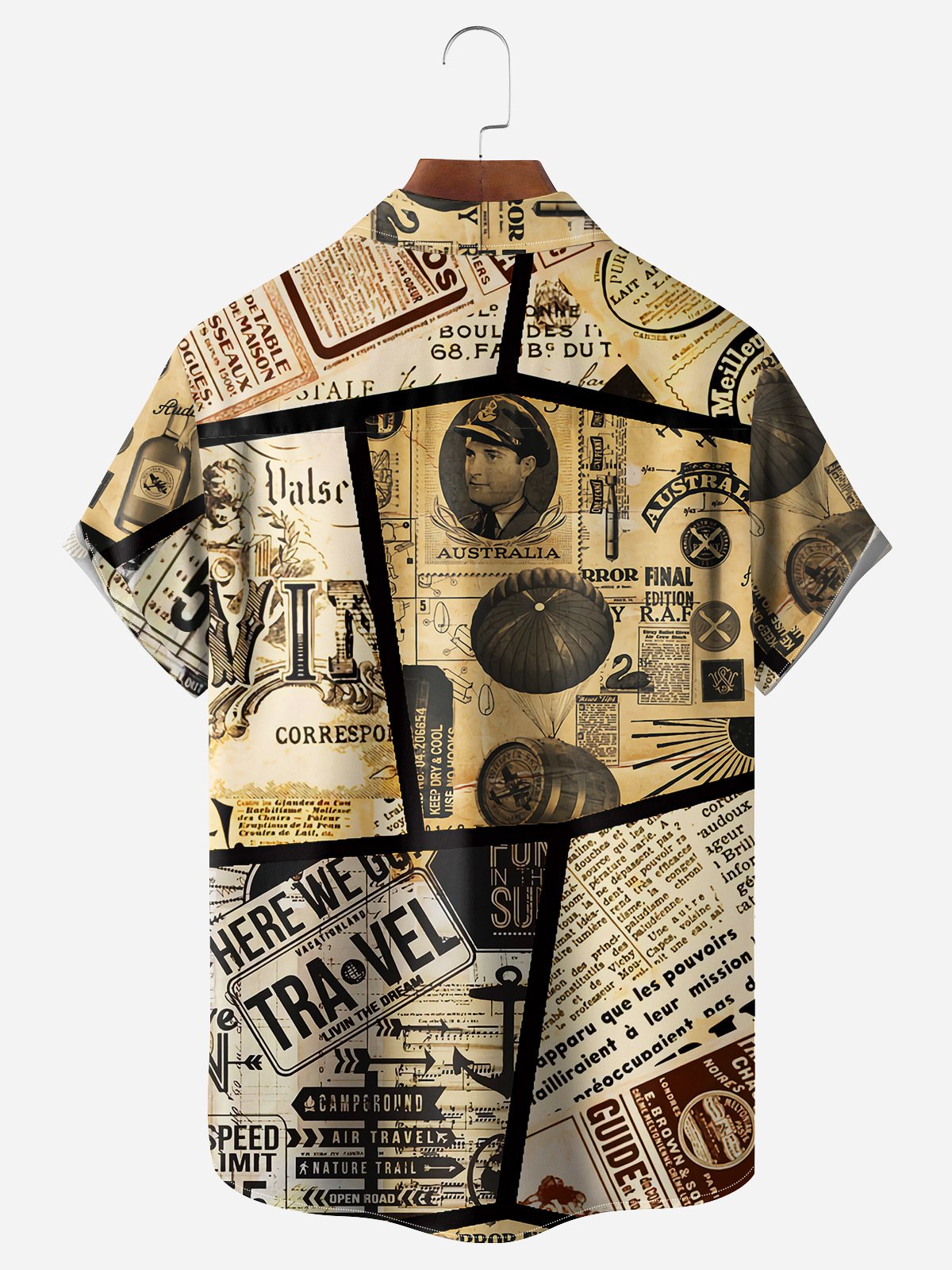 Vintage Newspaper Puzzle Chest Pocket Short Sleeve Casual Shirt