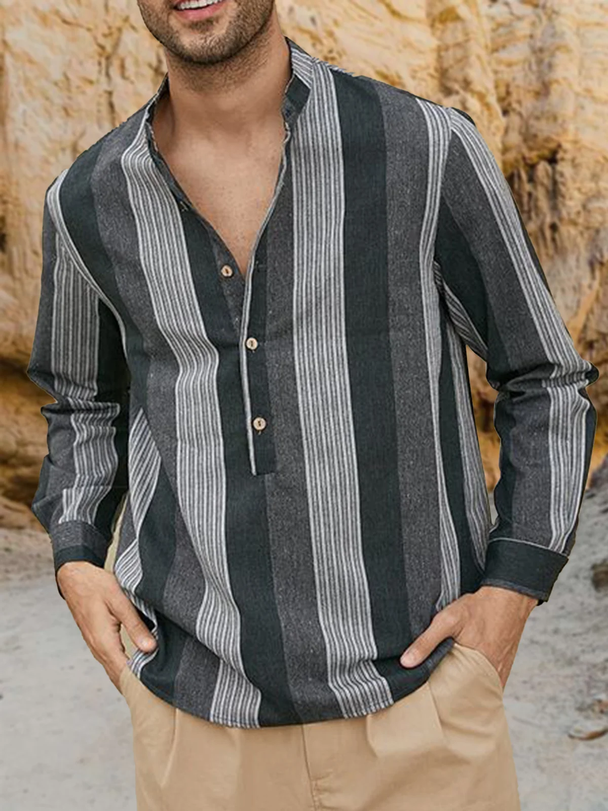 Striped Long Sleeve Casual Henley Shirt