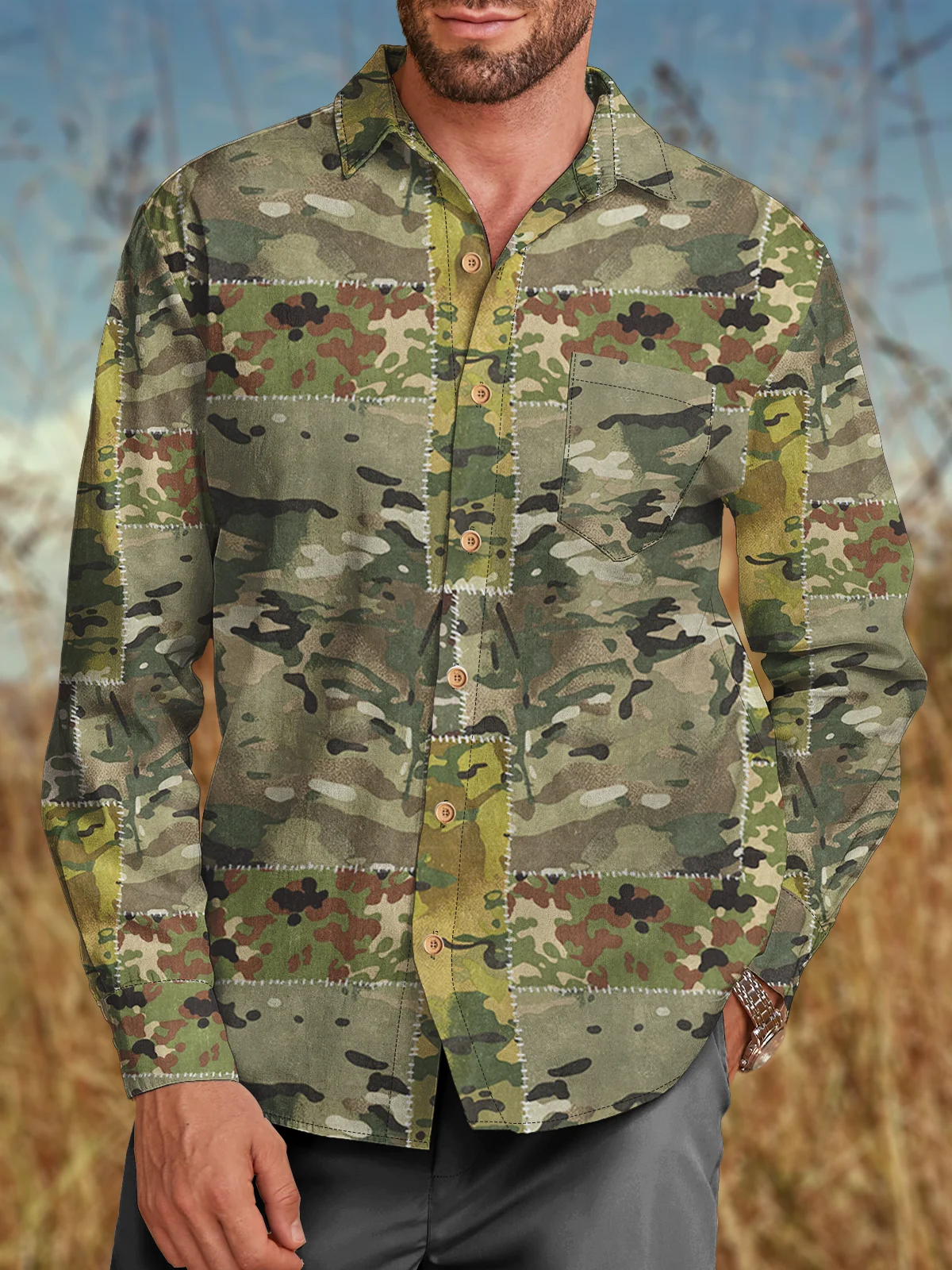 Camouflage Chest Pocket Long Sleeve Casual Shirt