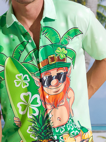 Hardaddy Hawaiian Button Up Shirt for Men Green St. Patrick's Day Lucky Clover Beach Paddleboard Regular Fit Short Sleeve Shirt St Paddy's Day Shirt