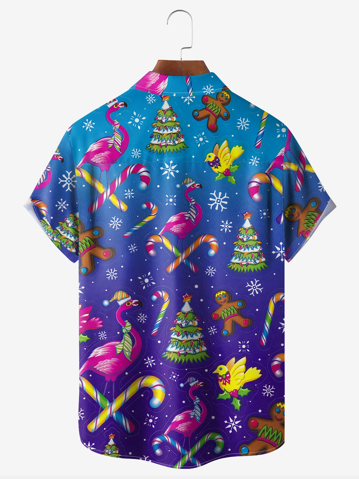 Christmas Flamingo Gingerbread Man Chest Pocket Short Sleeve Holiday Shirt