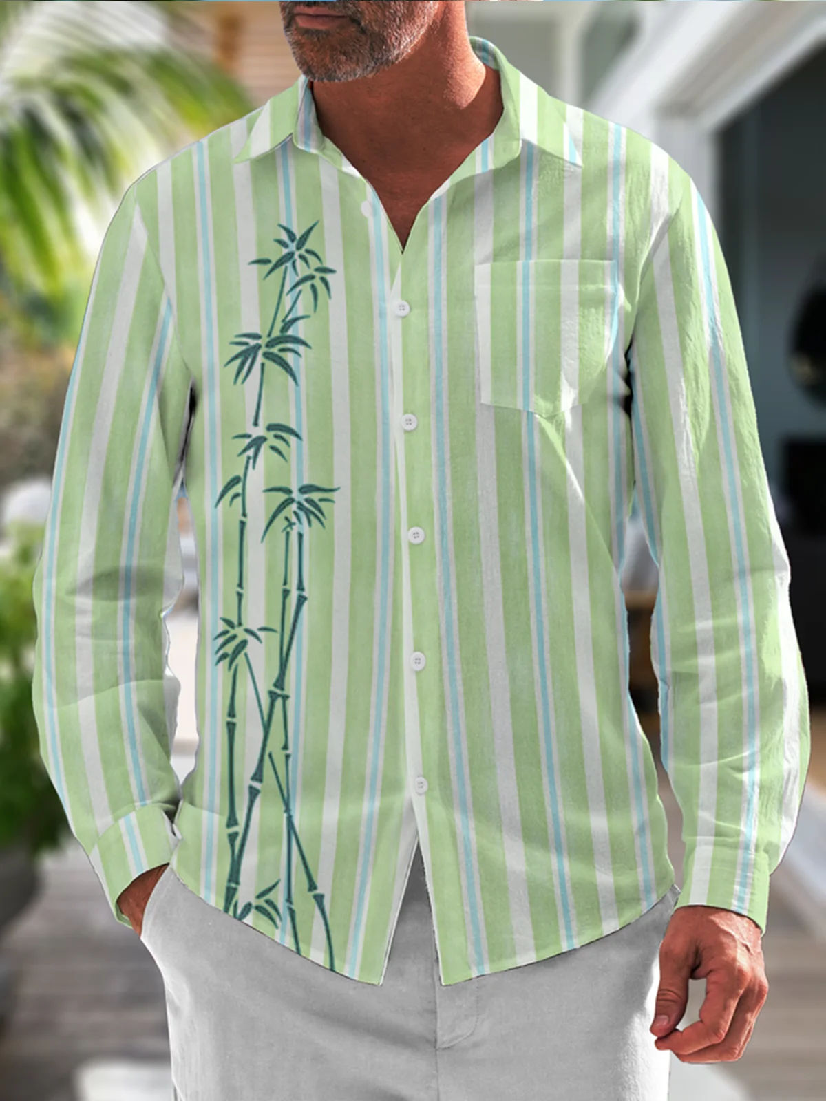 Striped Bamboo Chest Pocket Long Sleeve Casual Shirt