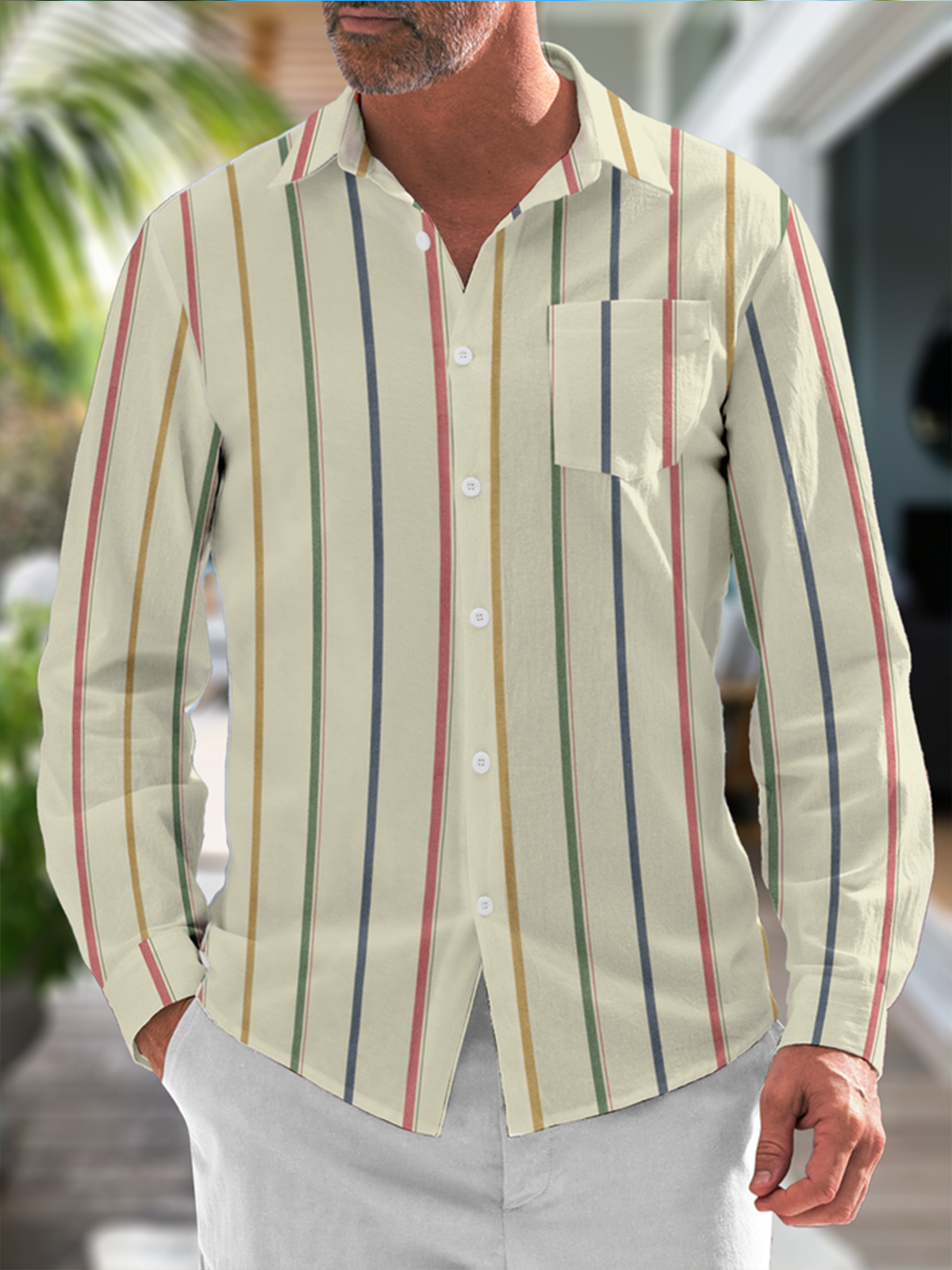 Multicolor Striped Chest Pocket Long Sleeves Casual Shirt