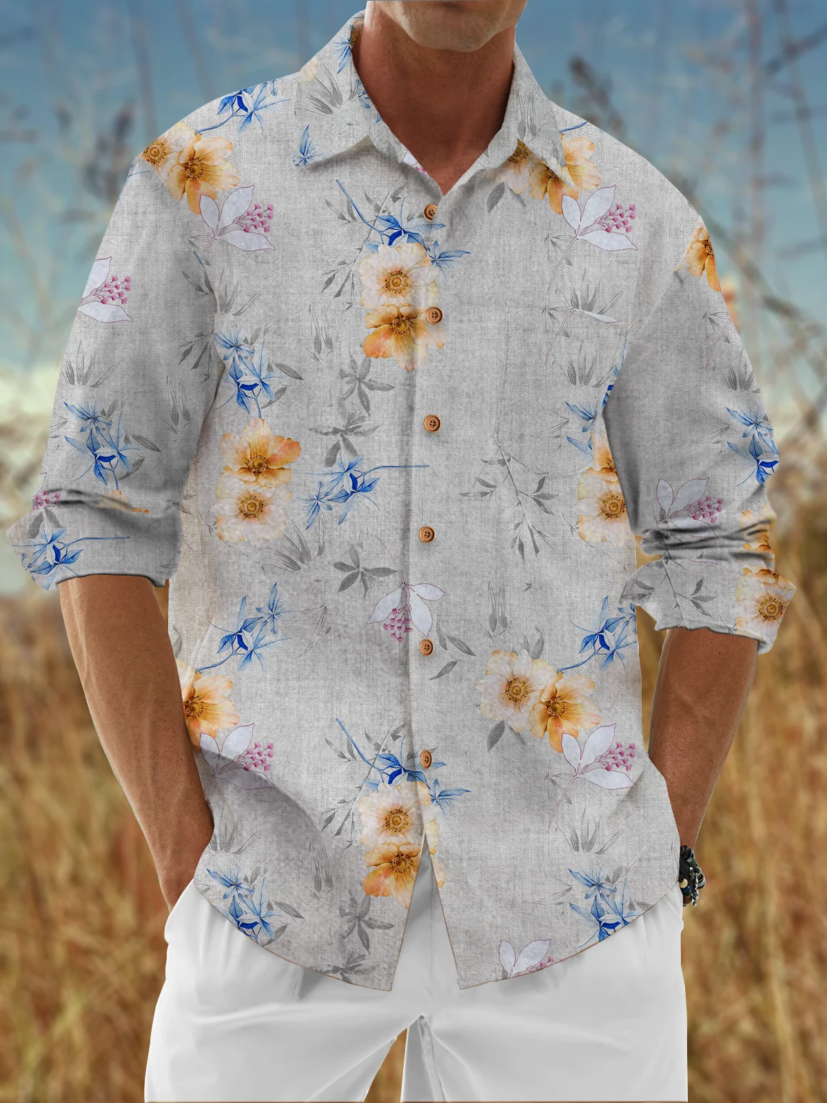 Floral Chest Pocket Long Sleeve Casual Shirt