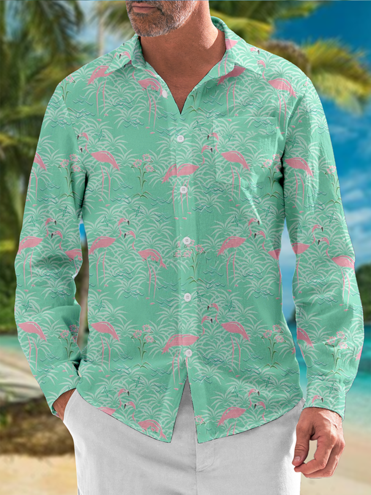 Coconut Tree Flamingo Chest Pocket Long Sleeve Shirt